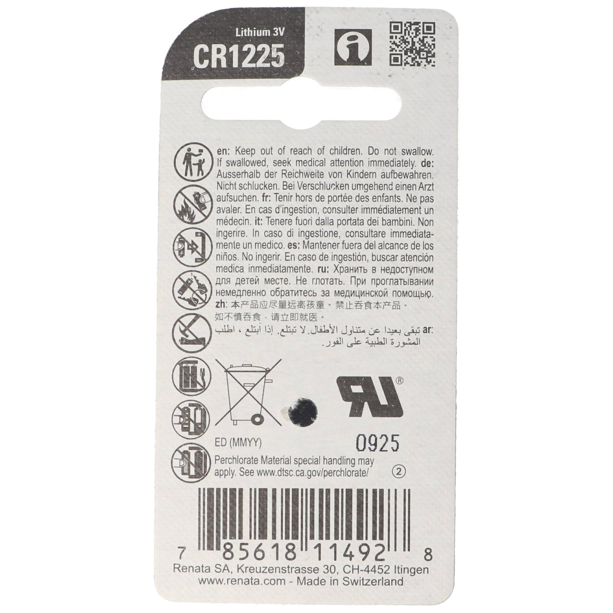 CR1225 Lithium Batterie IEC CR1225 Knopfzelle CR 1225