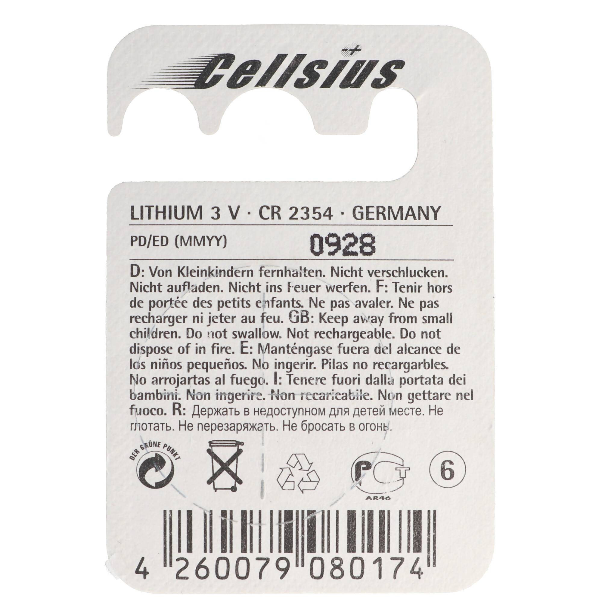 CR2354 Lithium Knopfzelle 560mAh IEC CR2354 ohne Einbuchtung an der schmalen Seite beachten