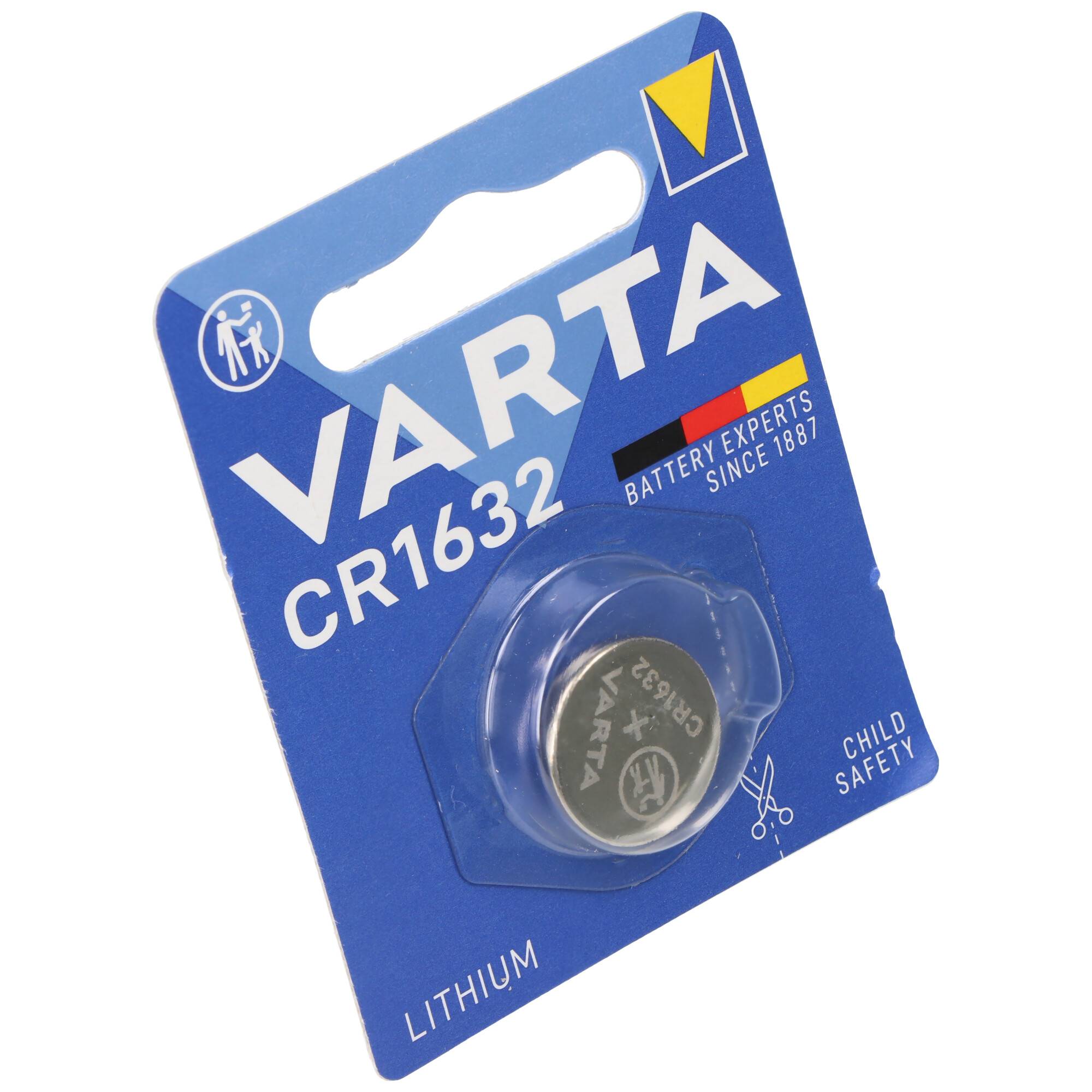 VARTA CR1632 Lithium-Knopfzellenbatterie in blauer Einzelhandelverpackung, dargestellt in einer durchsichtigen Blisterpackung.