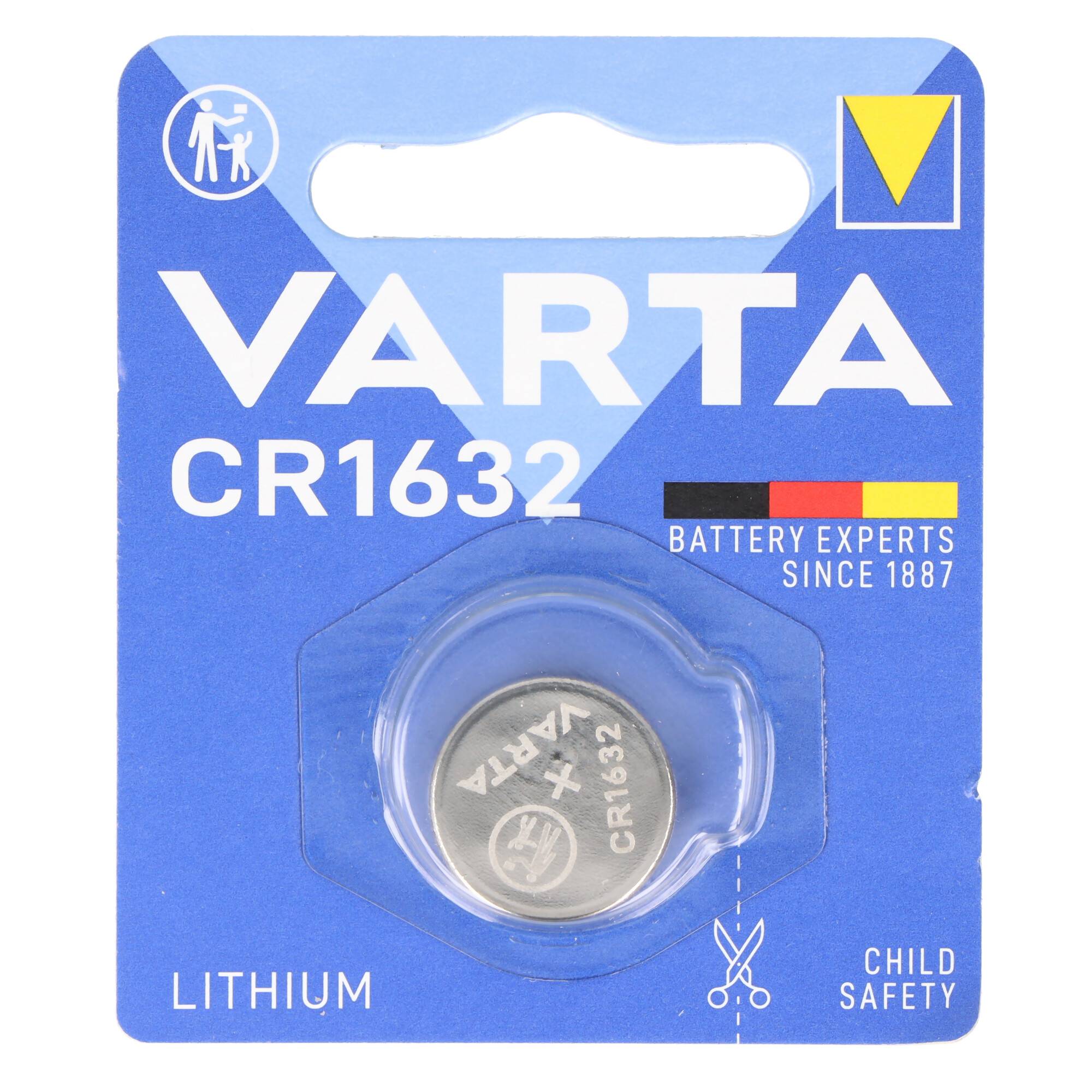 VARTA CR1632 Lithium-Knopfzelle in blauer Einzelhandelsverpackung, gekennzeichnet mit „Battery Experts Since 1887