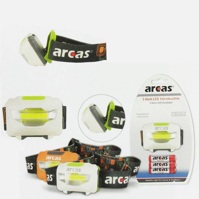3 Watt LED Stirnleuchte mit 4 Funktionen und bis zu 120 Lumen, inklusive Batterien