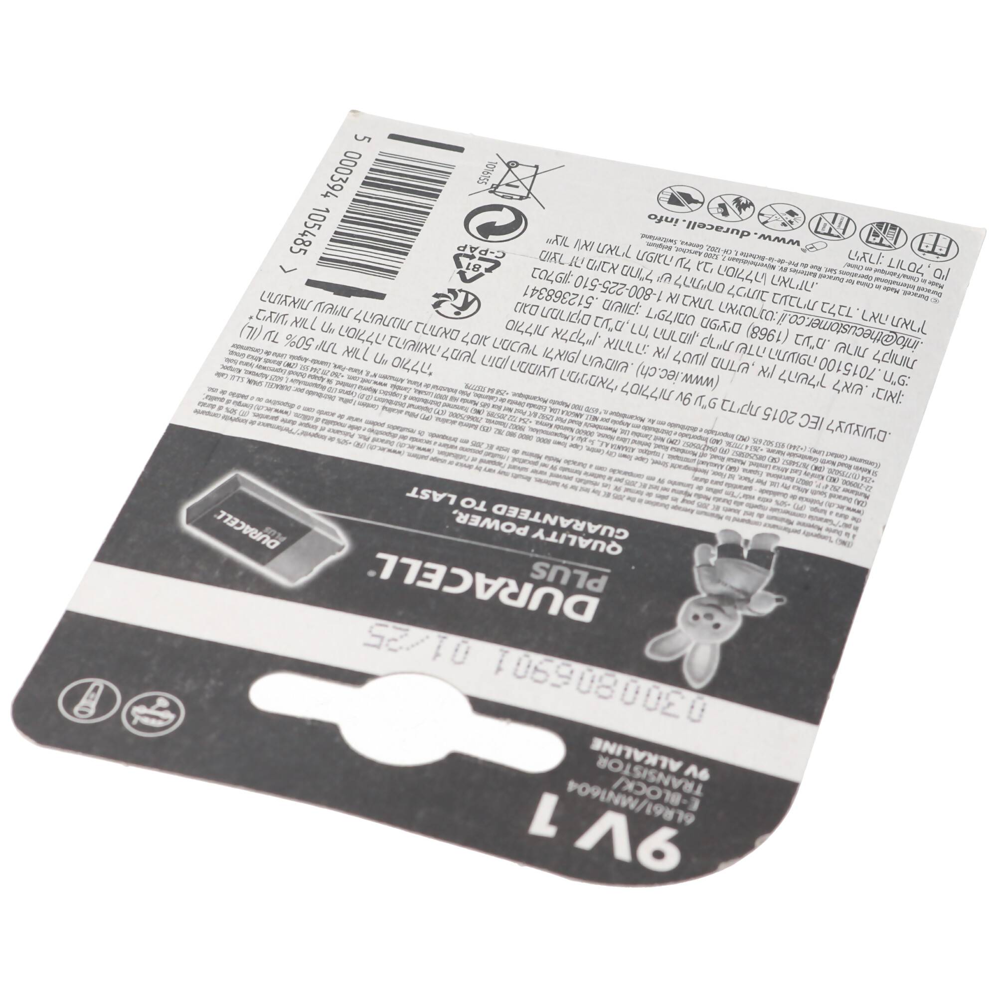 DURACELL Plus 9 Volt/6LR61 1er Pack 9V Alkaline Batterie E-Block