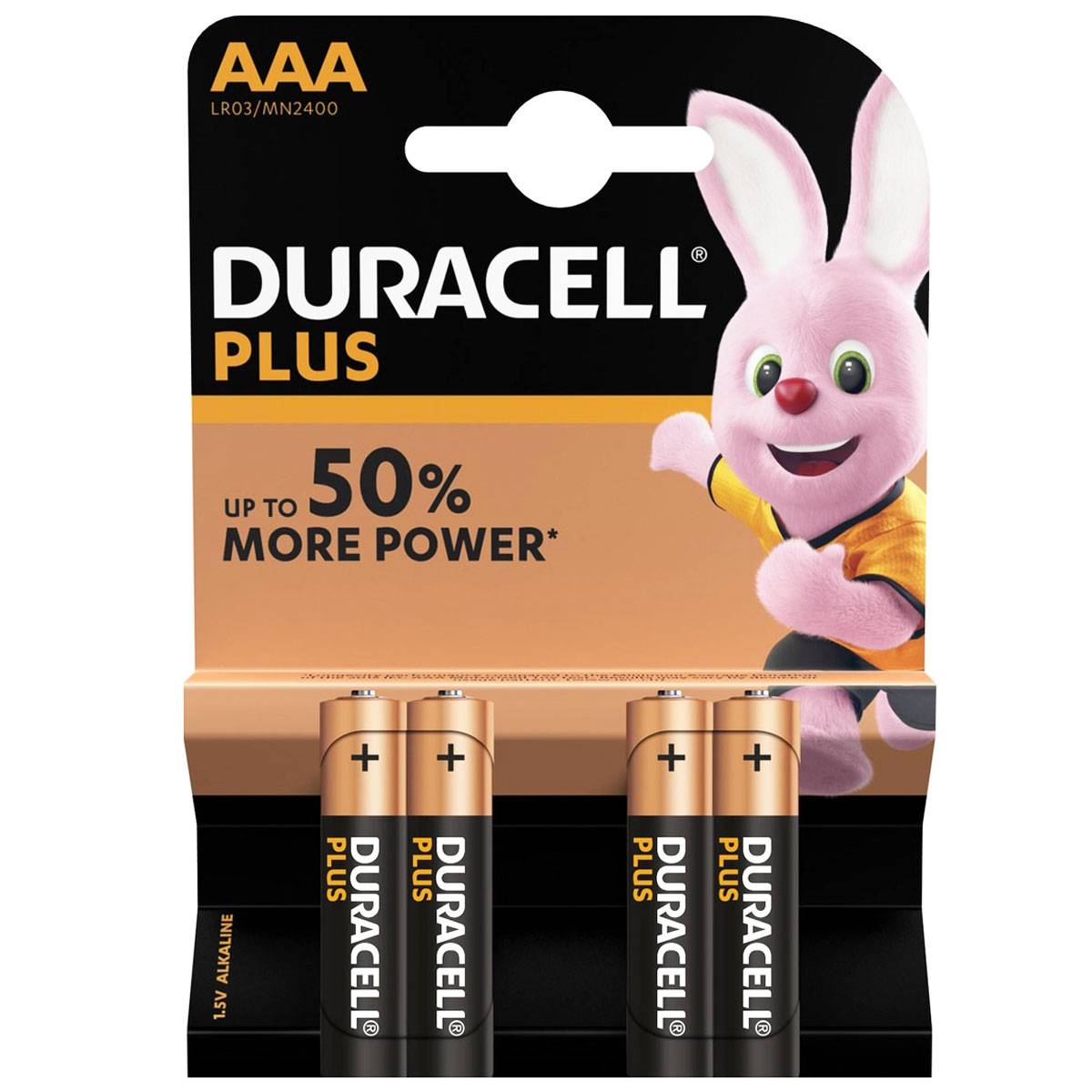 Duracell Plus AAA-Batteriepack mit vier Batterien und rosa Hasenmaske, gekennzeichnet mit „BIS ZU 50 % MEHR LEISTUNG