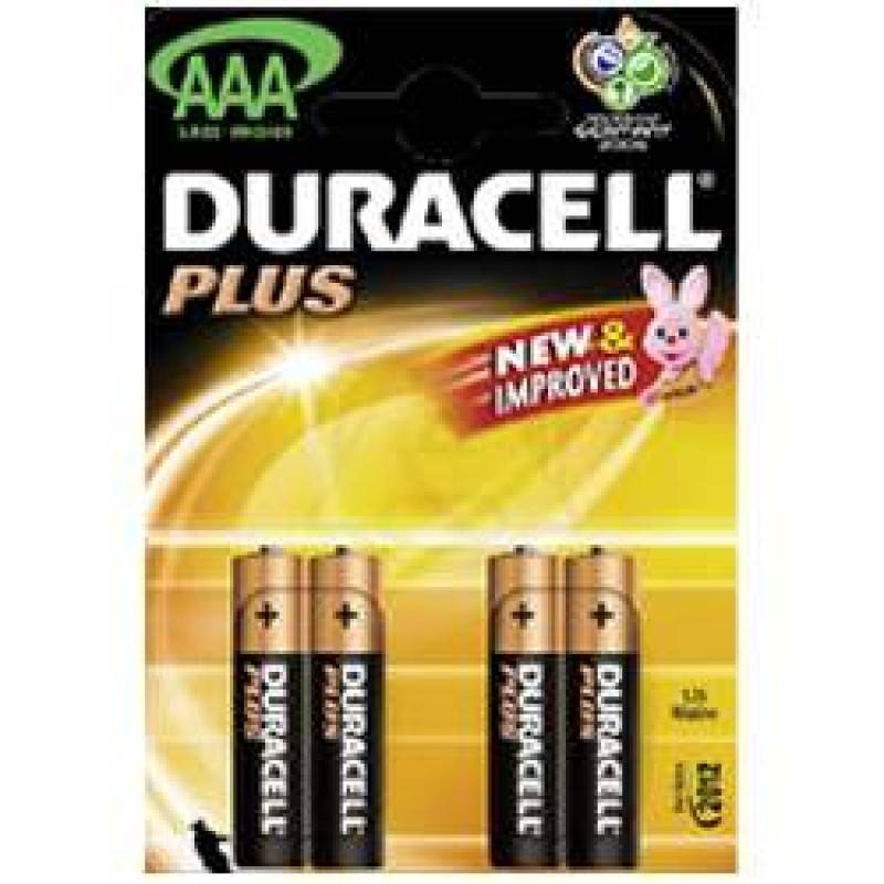 Duracell Plus AAA-Batterien, Viererpack, mit „Neu & Verbessert"-Etikett und Hasen-Maskottchen auf gelbem Verpackungsdesign.