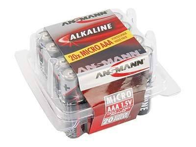 Packung mit ANSMANN Alkaline-AAA-Mikrobatterien in durchsichtiger Kunststoffverpackung, beschriftet mit „20x MICRO AAA