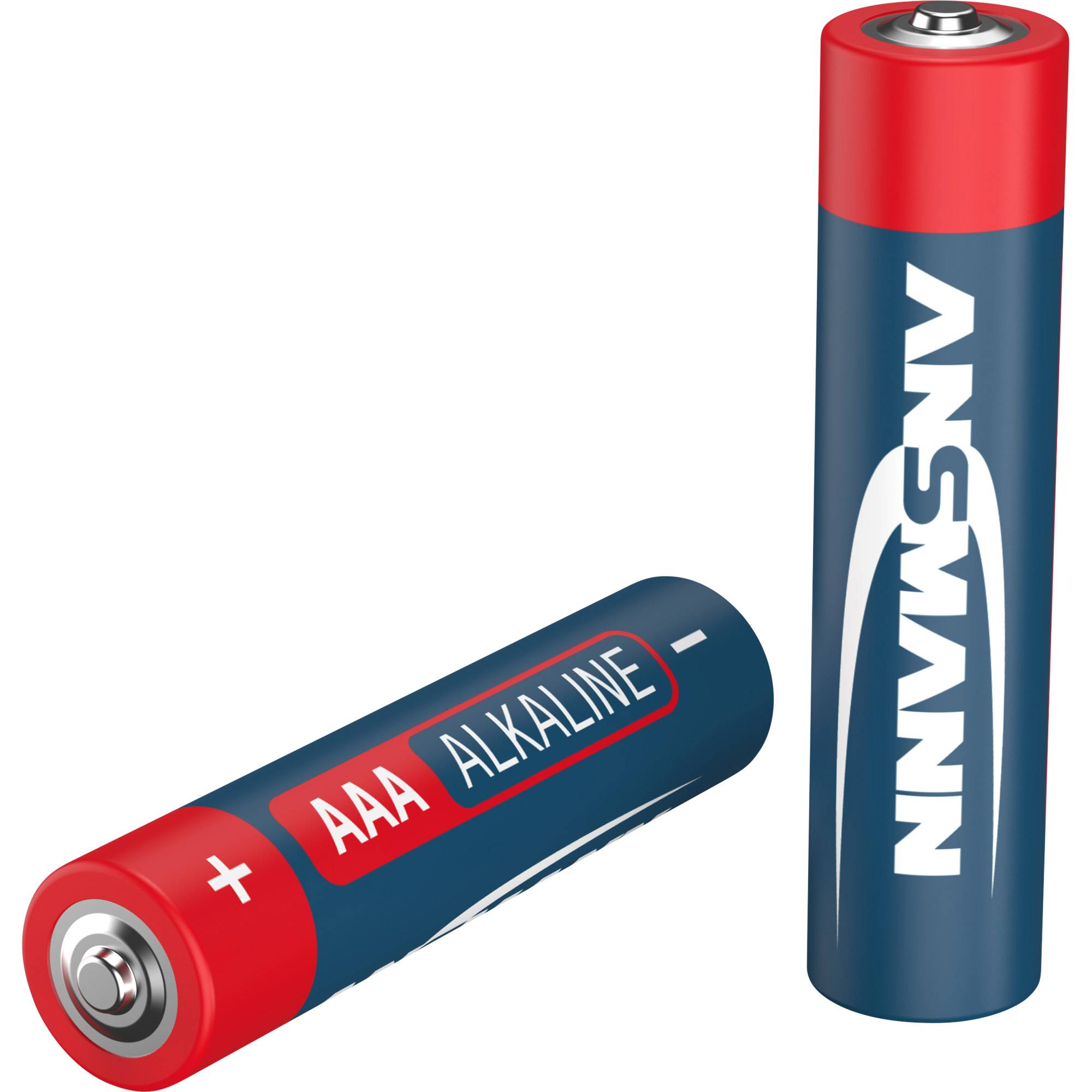 Zwei AAA-Alkalibatterien, eine aufrecht stehend und eine liegend, mit roten und dunkelblauem Etikett mit der Aufschrift „NiMH