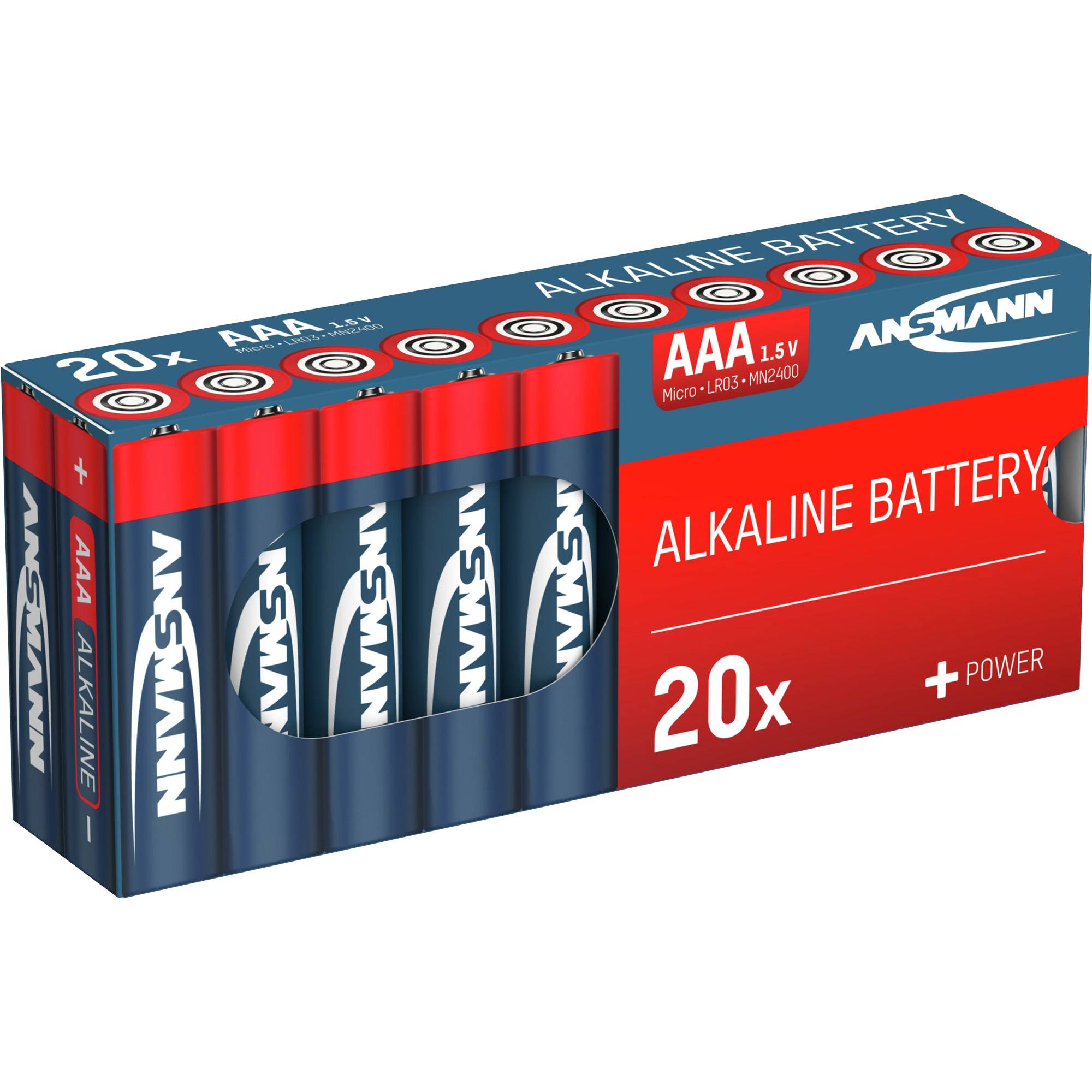 Packung mit 20 ANSMANN AAA-Alkali-Batterien, 1,5 V, in roter und blauer Einzelhandelsverpackung abgebildet.