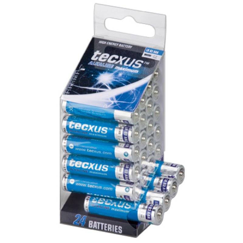 Präsentation von Tecxus-Akkus in einer Retail-Verpackung, die 24 Batterien und Branding auf der Vorderseite zeigt.