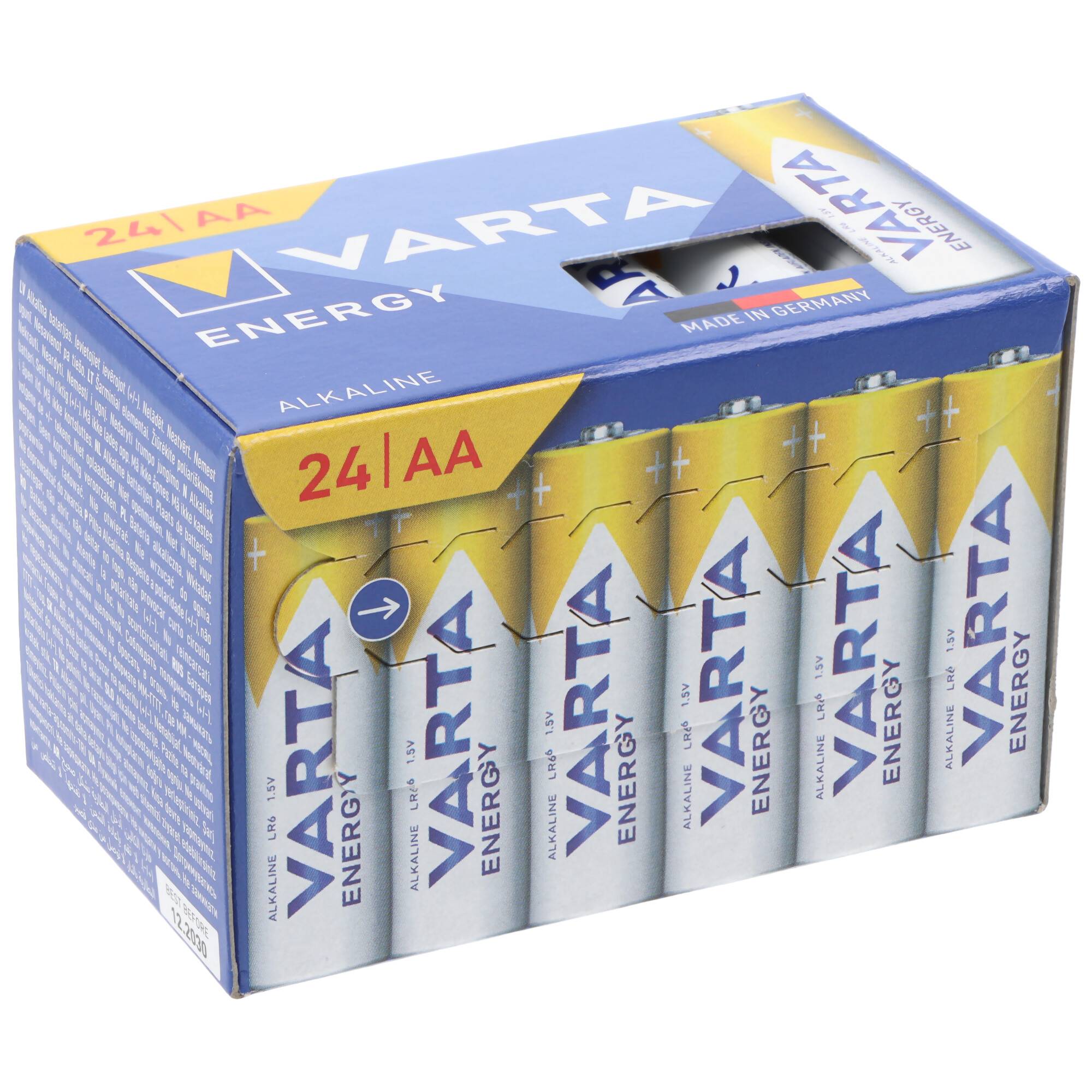 Packung VARTA Energy Alkaline-Batterien AA, 24er-Pack, mit sechs sichtbaren Batterien durch das vordere Fenster.