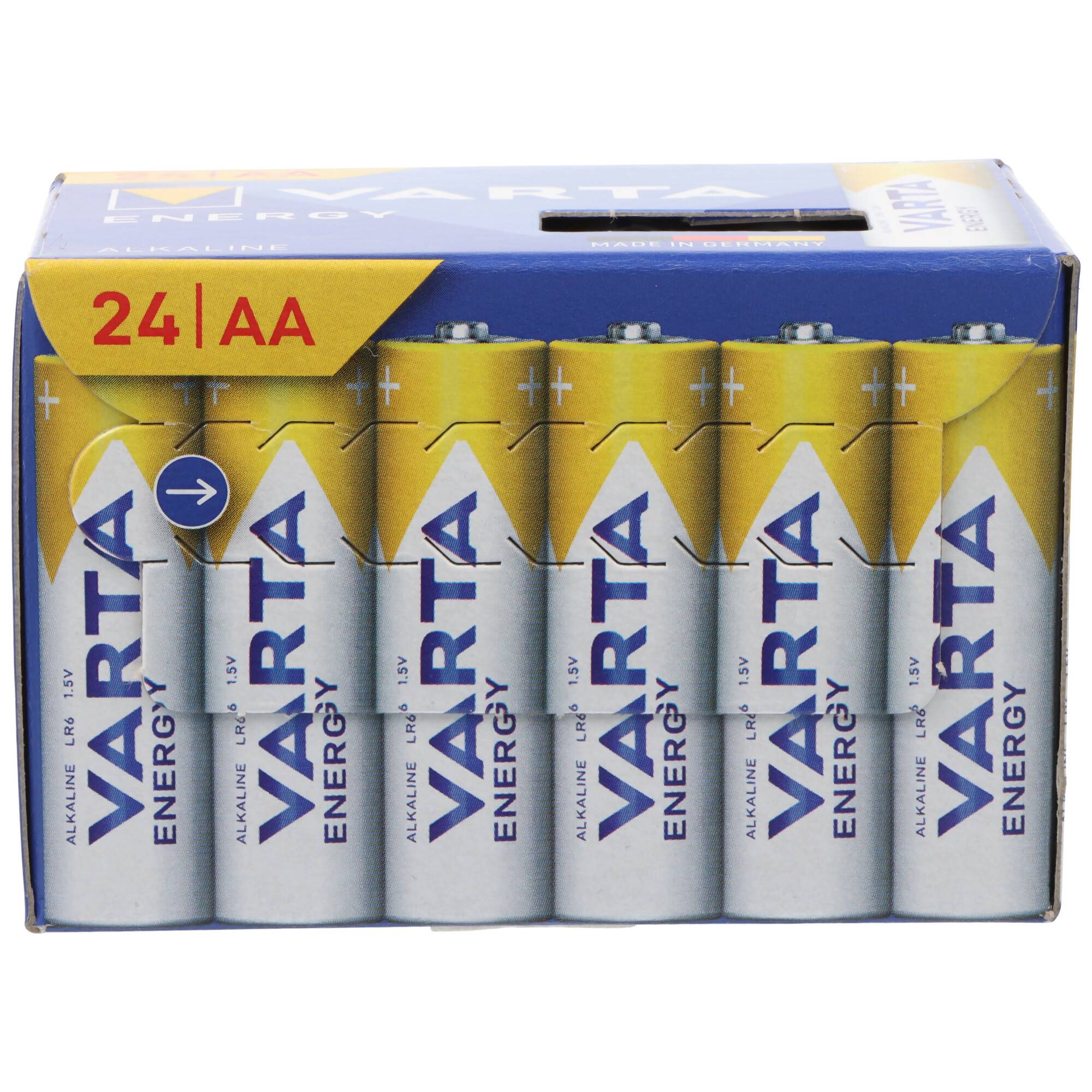 Packung mit 24 VARTA Energy AA-Alkali-Batterien in Einzelhandelsverpackung, Vorderansicht gezeigt.