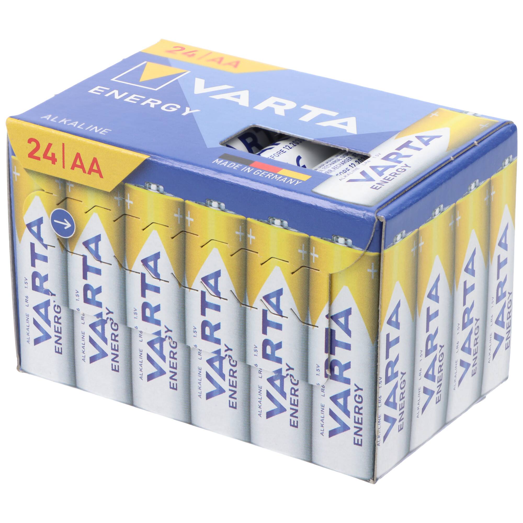 Packung VARTA Energy Alkaline-AA-Batterien, 24er-Pack, gezeigt in Einzelhandelsverpackung.