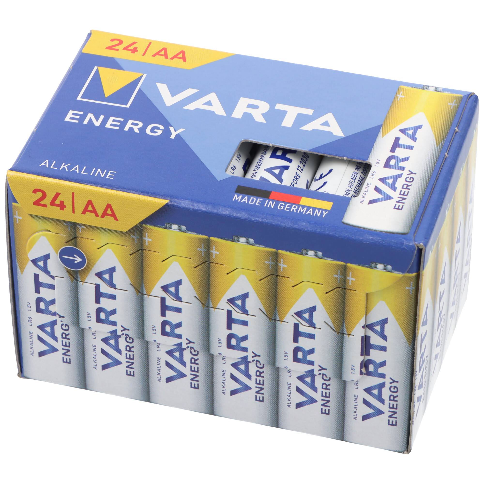 Packung mit 24 Varta Energy AA-Alkalibatterien mit blauer und gelber Verpackung und einer durch ein Fenster an der Oberseite sichtbaren Batterie.