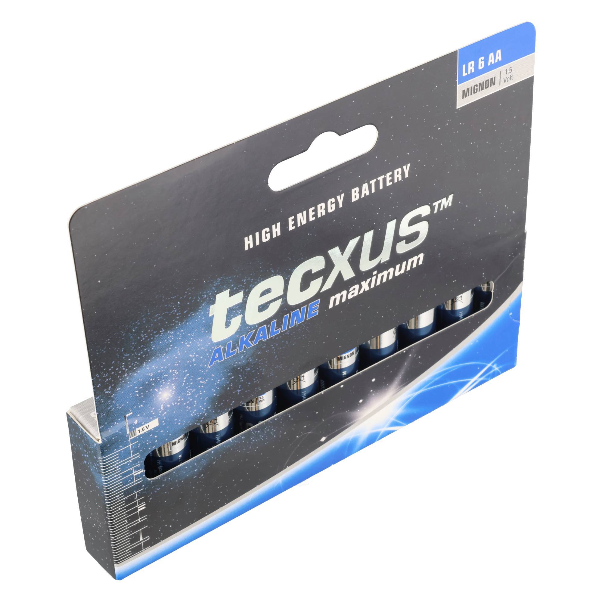 Packung Tecxus Alkaline-Batterien LR6 AA in Einzelhandelsverpackung, gekennzeichnet mit „High Energy Battery