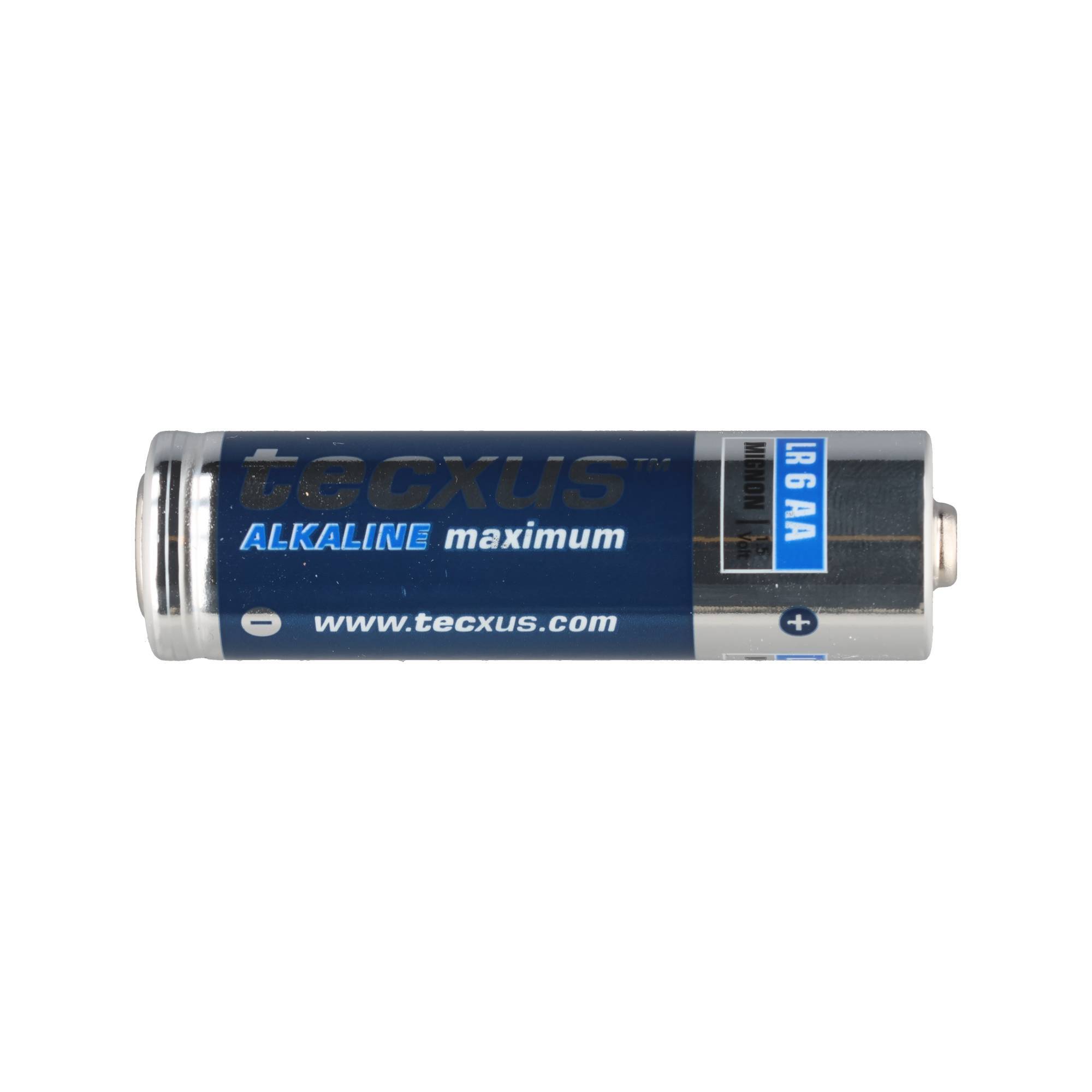 Einzelne TECXUS AA-Alkalibatterie mit blauem Etikett auf weißem Hintergrund.