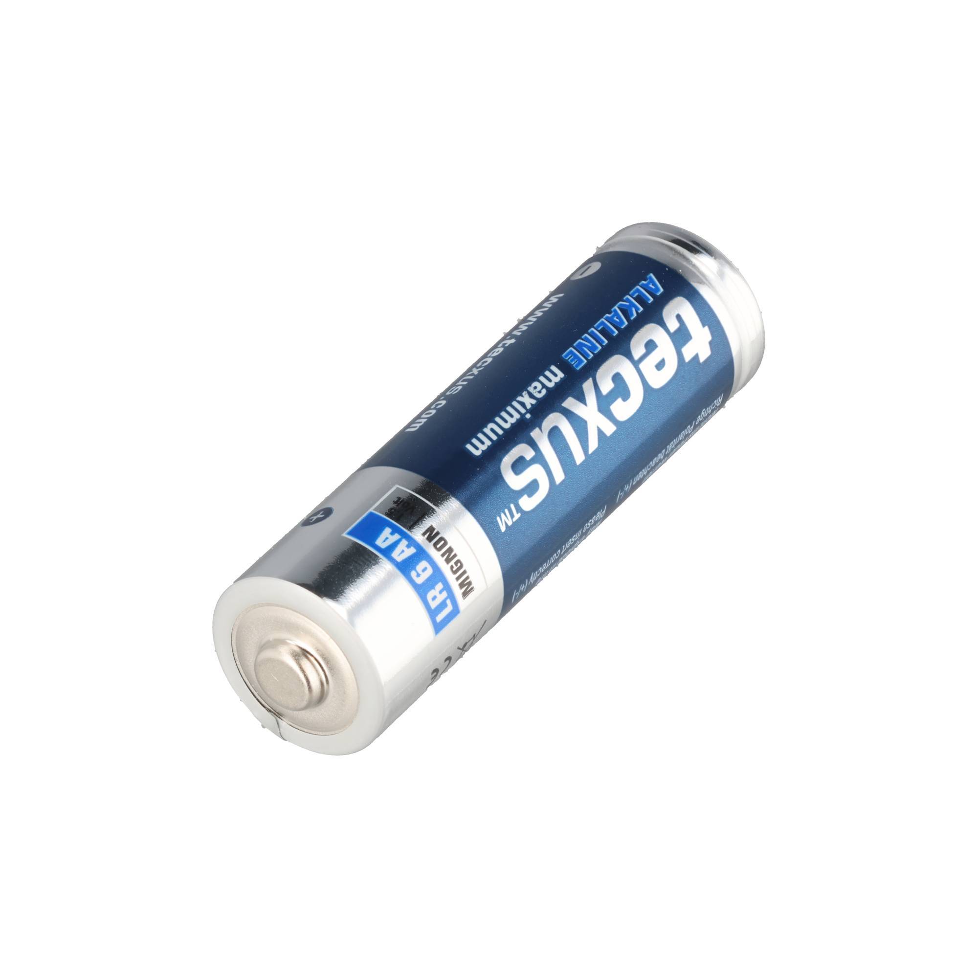 Eine einzelne blau-silberne zylindrische Batterie mit der Aufschrift „techus