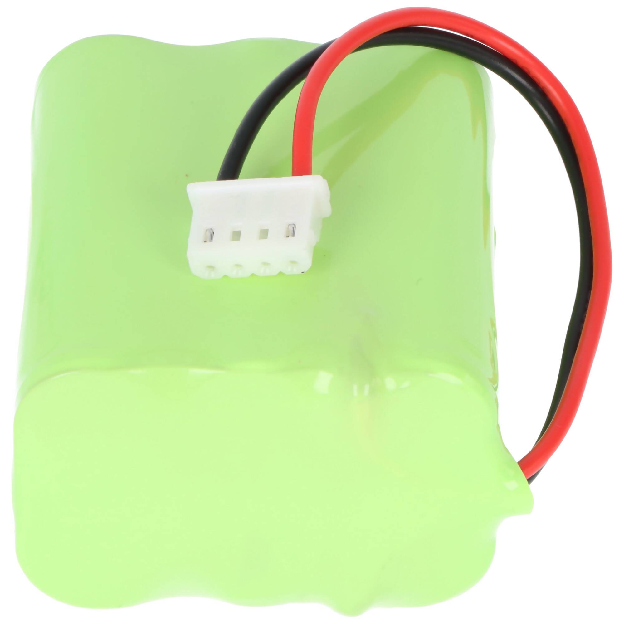 Grünes wiederaufladbares Batteriepak mit roten und schwarzen Drähten, die in einen weißen Stecker enden.