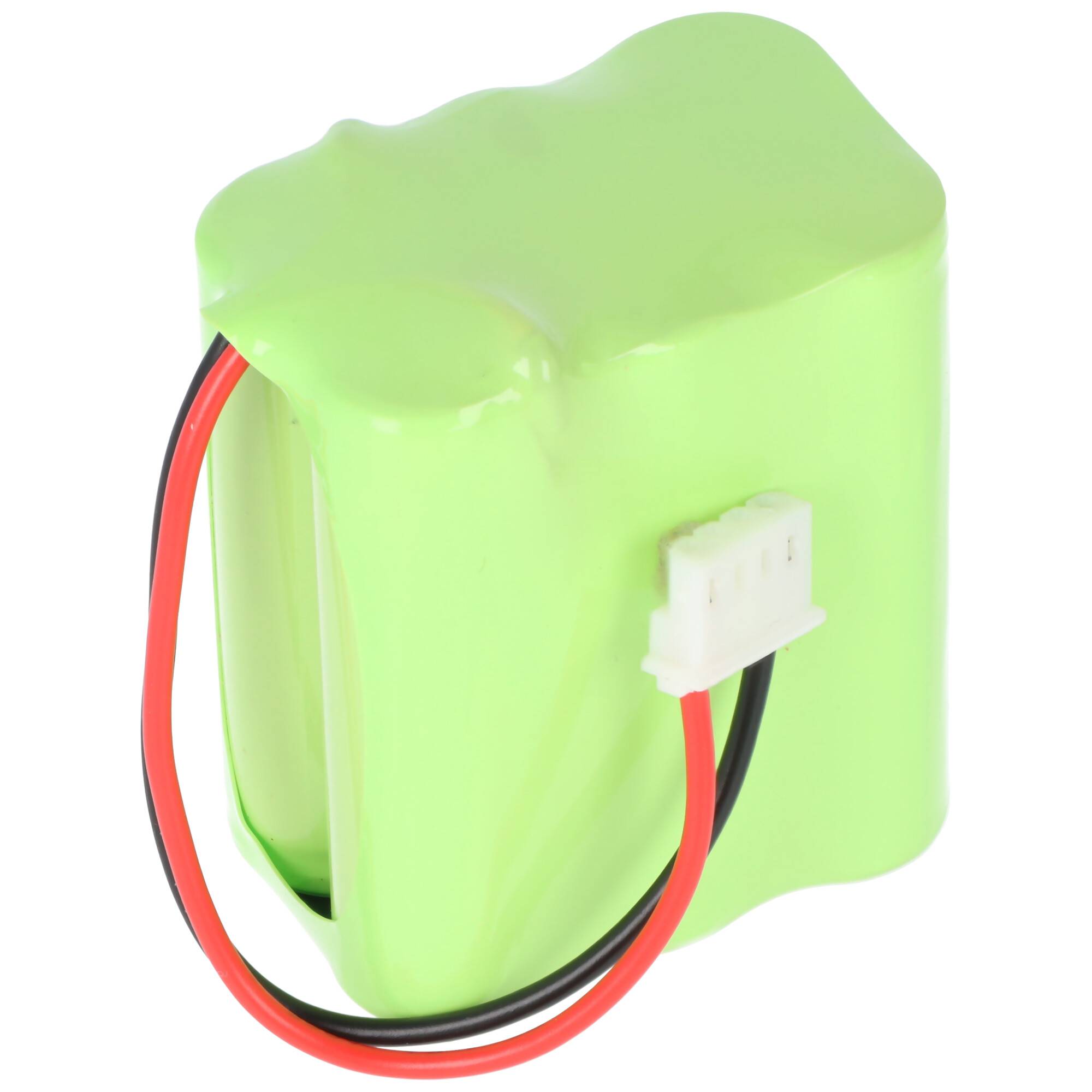 Grünes wiederaufladbares Batteriepack mit roten und schwarzen Kabeln und einem weißen Stecker auf weißem Hintergrund.