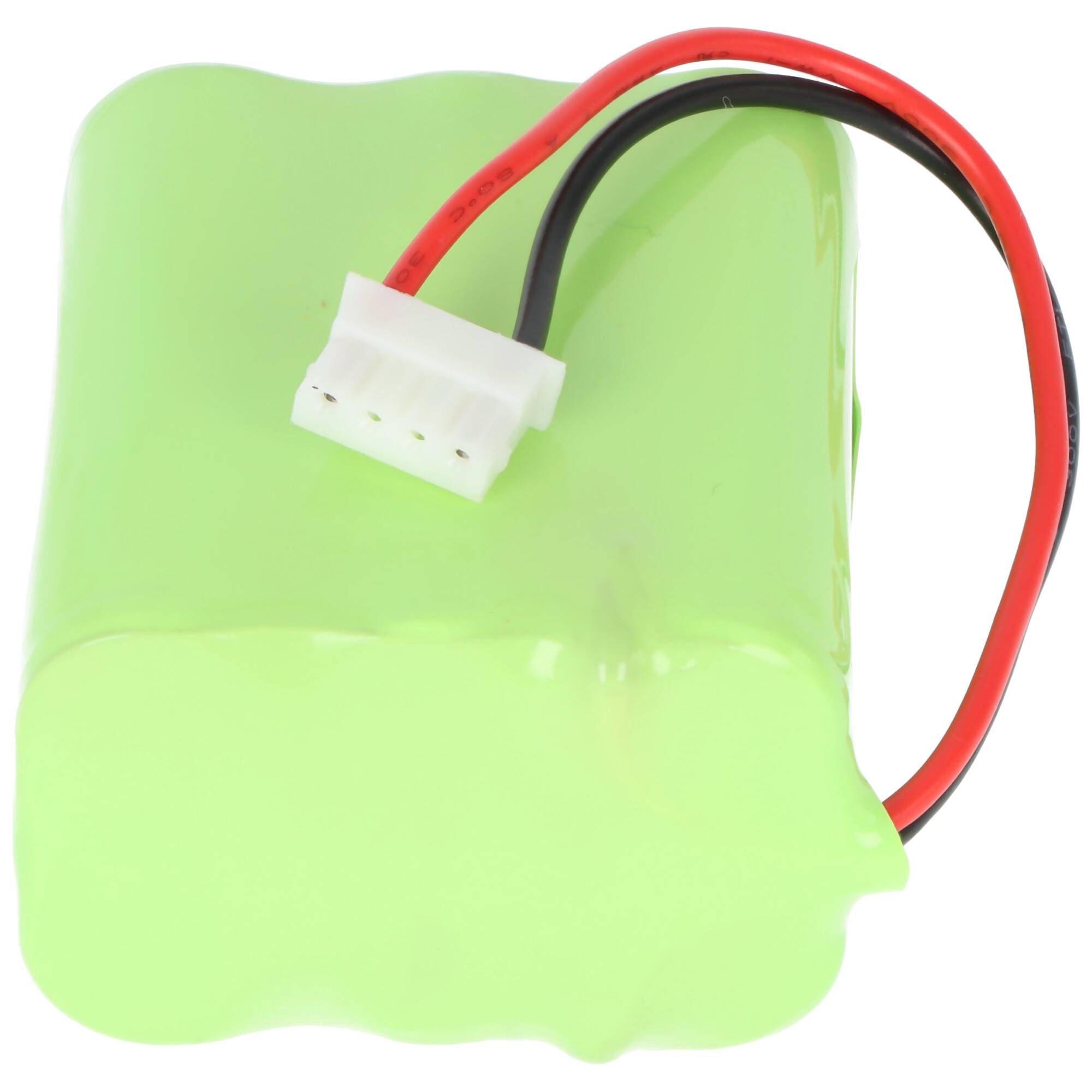 Grünes Batteriepack mit roten und schwarzen Stromkabeln und einem weißen Steckverbinder
