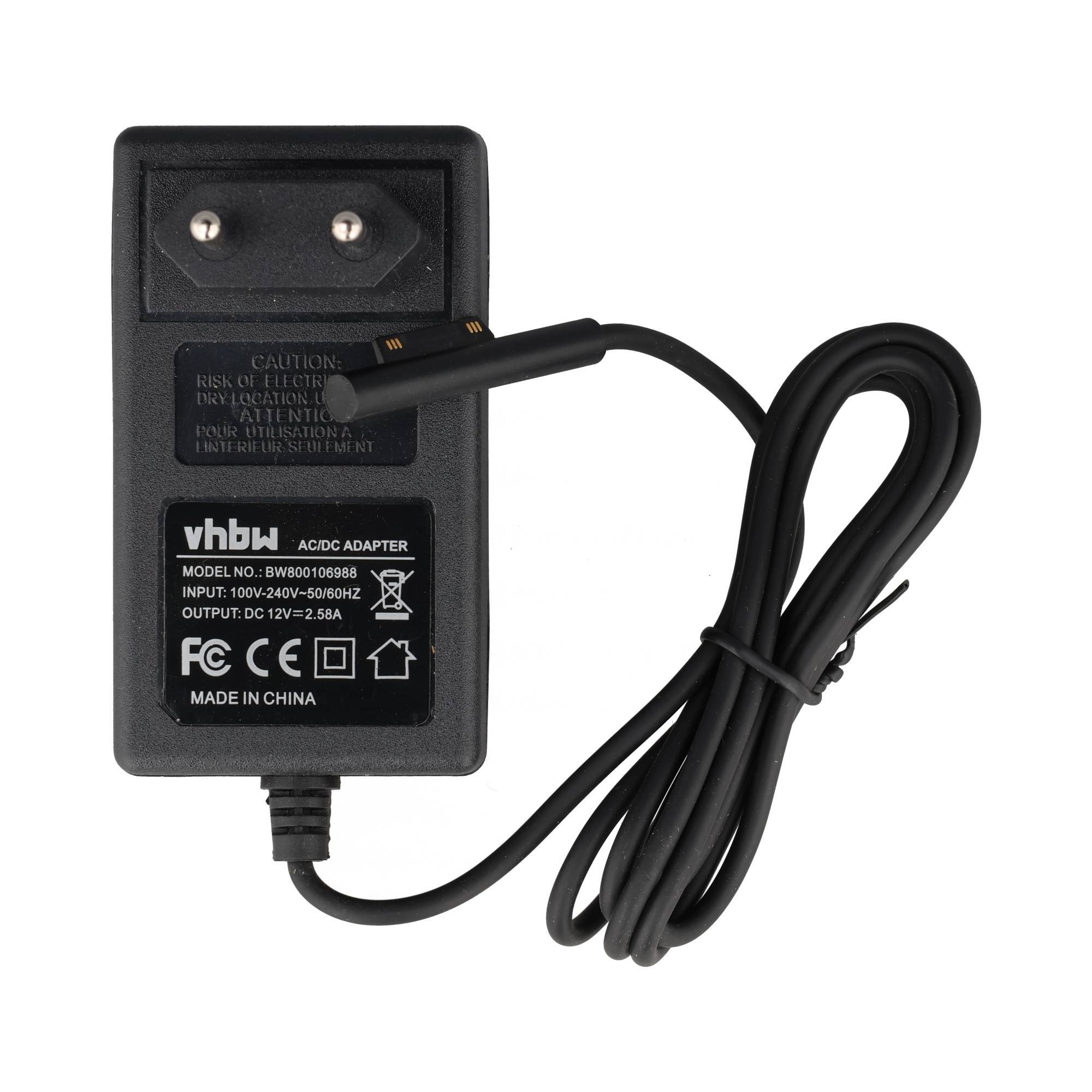 Schwarzer VHBW AC/DC-Stromadapter mit angebrachtem Kabel und Stecker, Vorderansicht auf weißem Hintergrund.