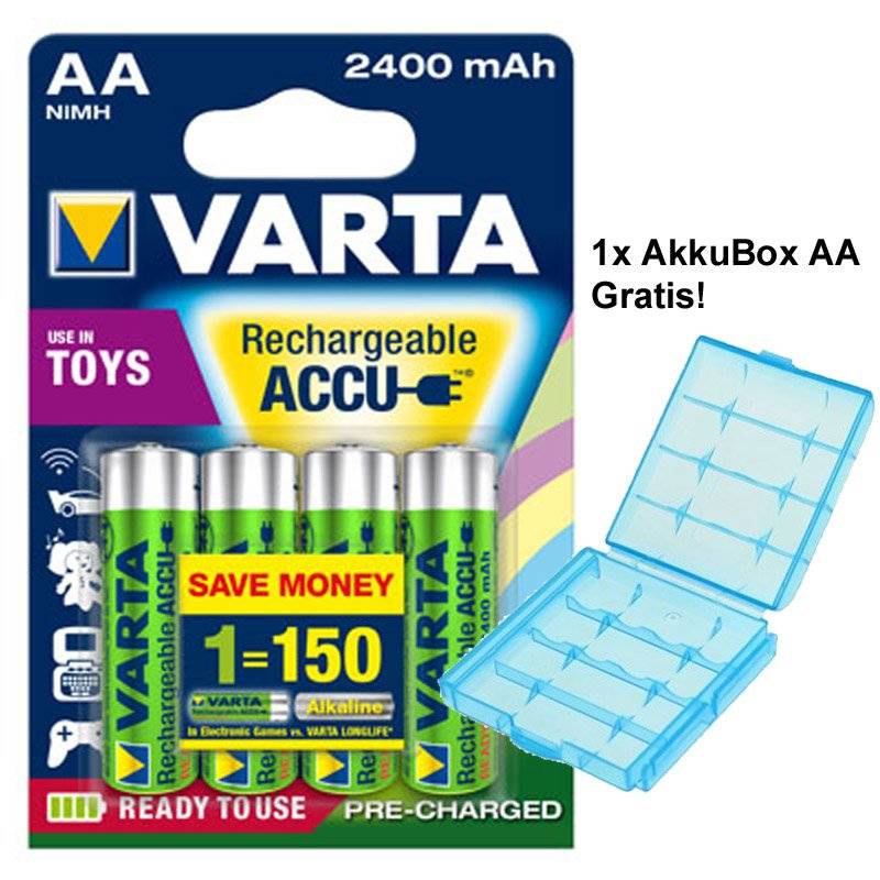 VARTA AA wiederaufladbare Batterieset, 2400 mAh NiMH, 4 Batterien, mit kostenlosem AkkuBox-Etui und „Geld sparen