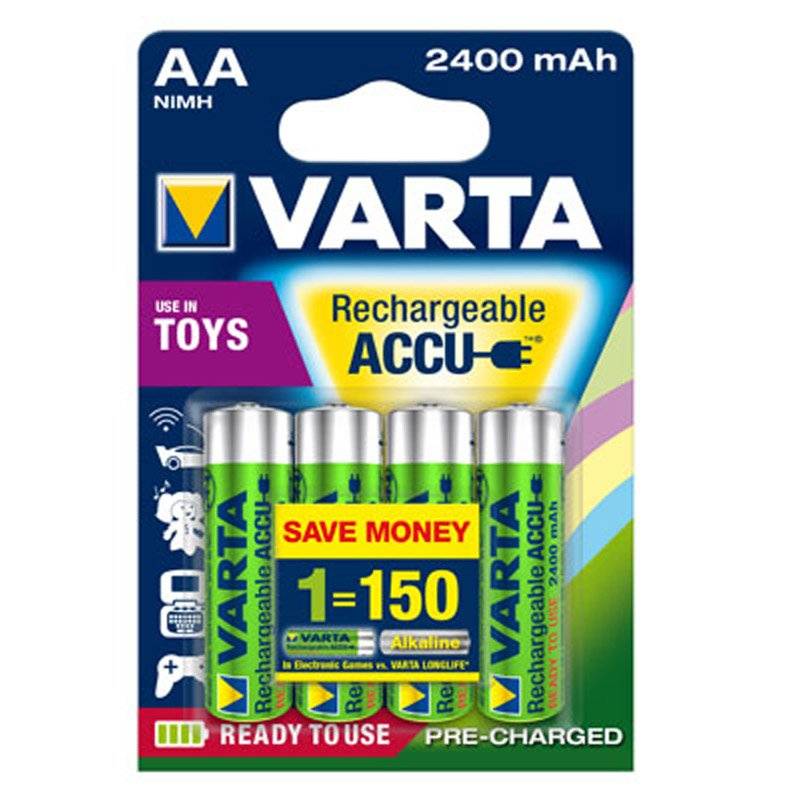 Packung VARTA AA NiMH wiederaufladbare Batterien, 2400 mAh, beschriftet mit „zur Verwendung in Spielzeug