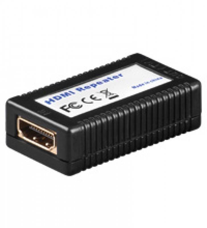 Kleiner schwarzer HDMI-Repeater-Adapter mit einem HDMI-Anschluss, gezeigt auf weißem Hintergrund.