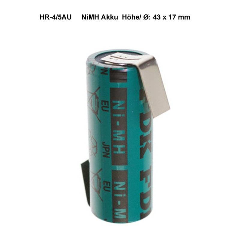 NiMH-Akkuzelle mit Lötfahnen, Bezeichnung HR-4/5AU, 43 x 17 mm.