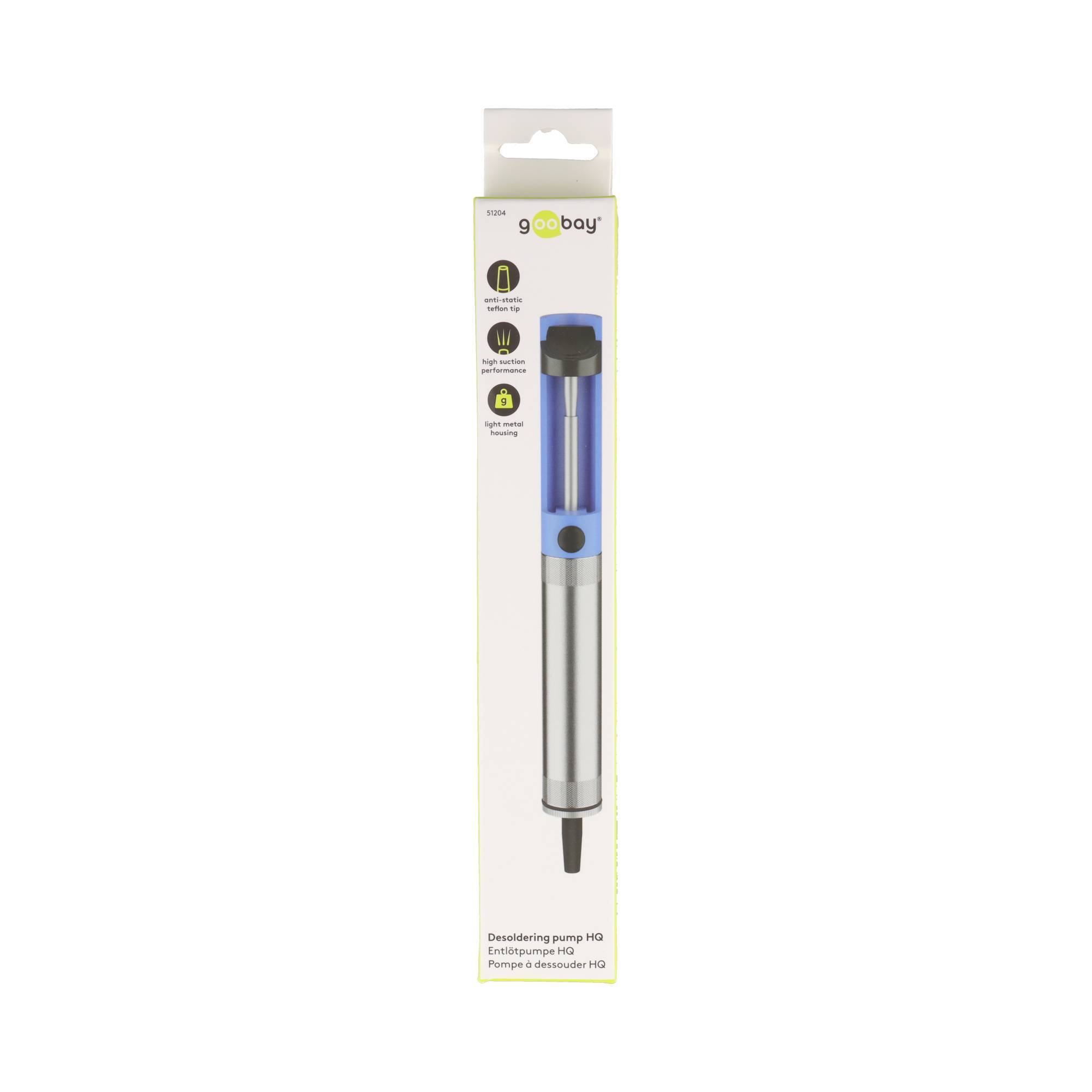 Verpackte Goobay-Entlötpumpe mit blauem und silbernem Gehäuse, gezeigt in Einzelhandels-Blisterverpackung auf weißem Hintergrund.