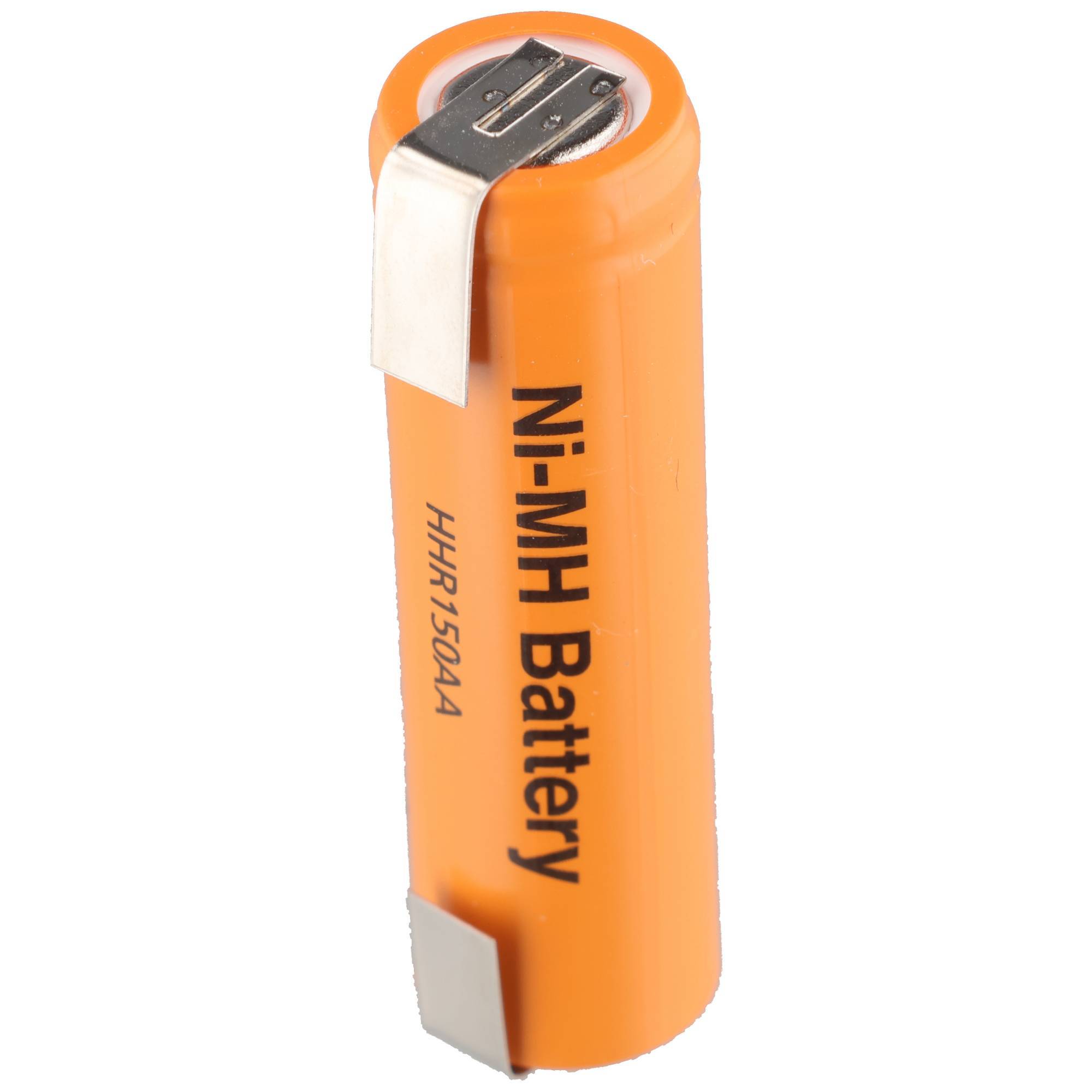 Orange Ni-MH Akku-Zelle mit Metallklemmen, dargestellt auf weißem Hintergrund.