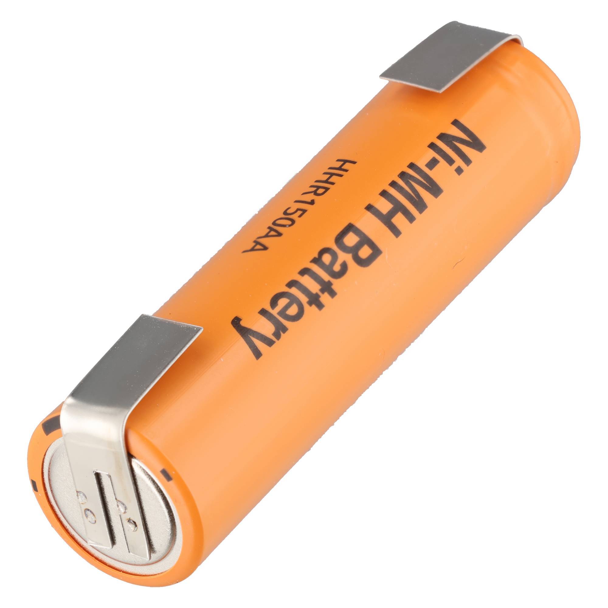 Orange-farbene zylindrische Ni-MH-Batterie mit Metallklemmen, beschriftet mit „Ni-MH Battery