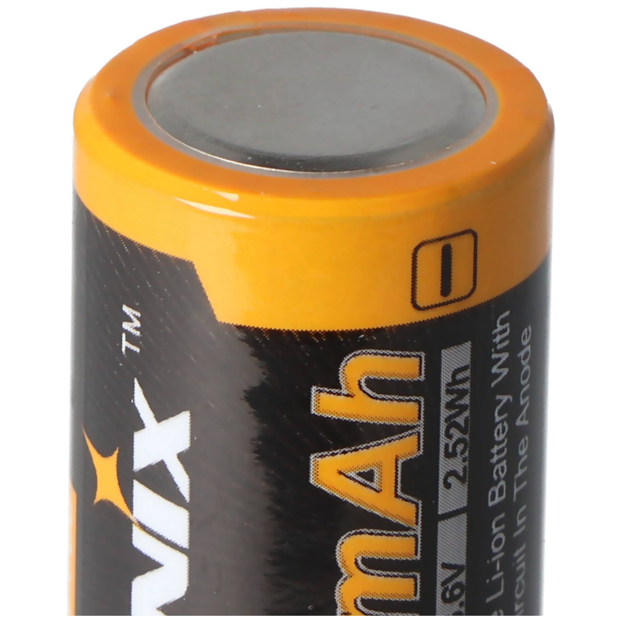 CR123 A Li-Ion Akku 16340, 3,6-3,7V, min.700mAh, typisch 760mAh, 35x16mm Kapazität