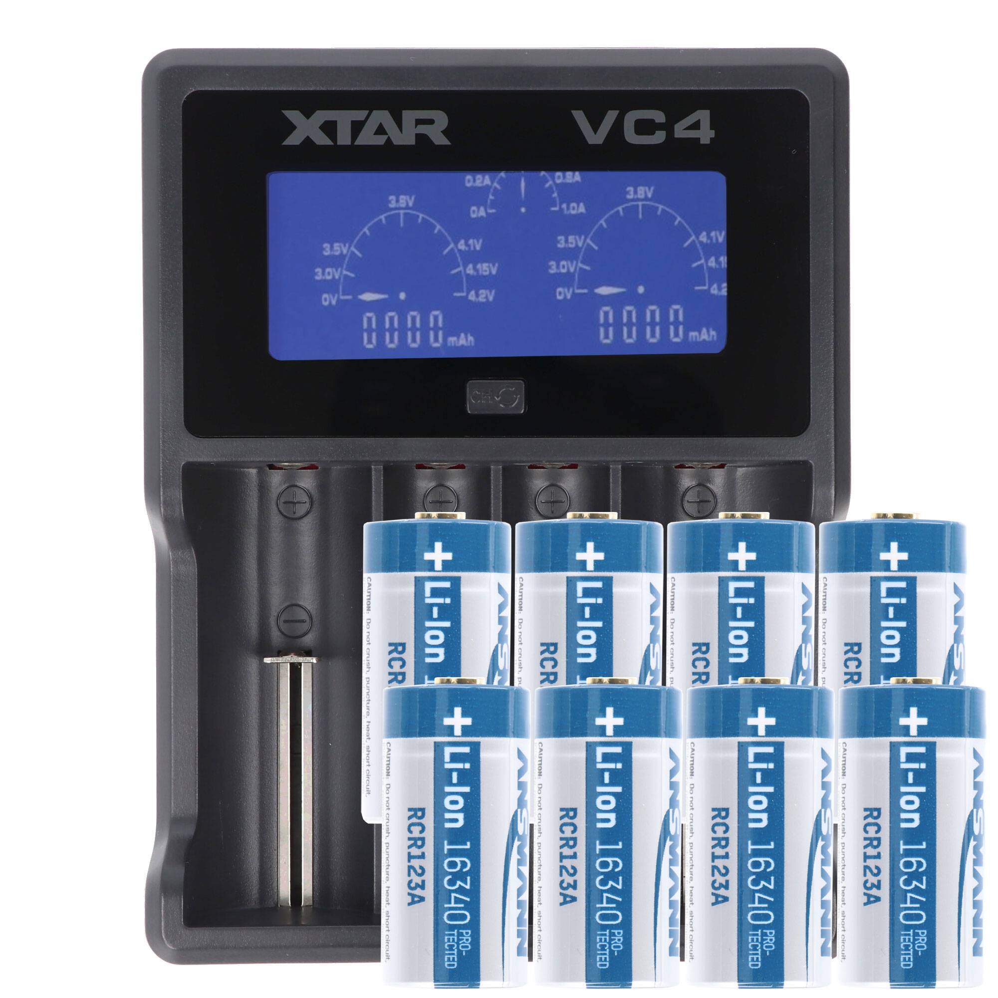 Schnell-Ladegerät und 8 Akkus CR123A mit 3,6 Volt bis 3,7 Volt, max. 850mAh