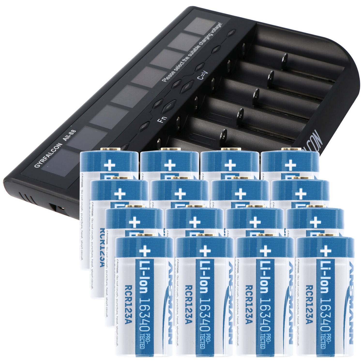 8fach Schnell-Ladegerät und 16 Stück CR123 A Li-Ion Akku mit 3,6V, 3,7 Volt, 850mAh