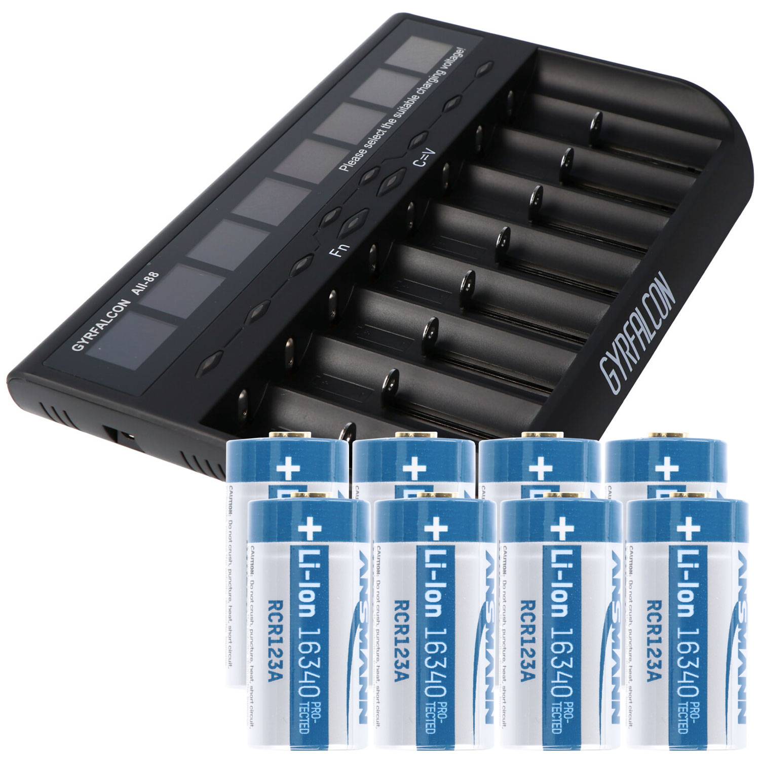 8fach Schnell-Ladegerät und 8 Stück CR123 A Li-Ion Akku mit 3,6V, 3,7 Volt, 850mAh