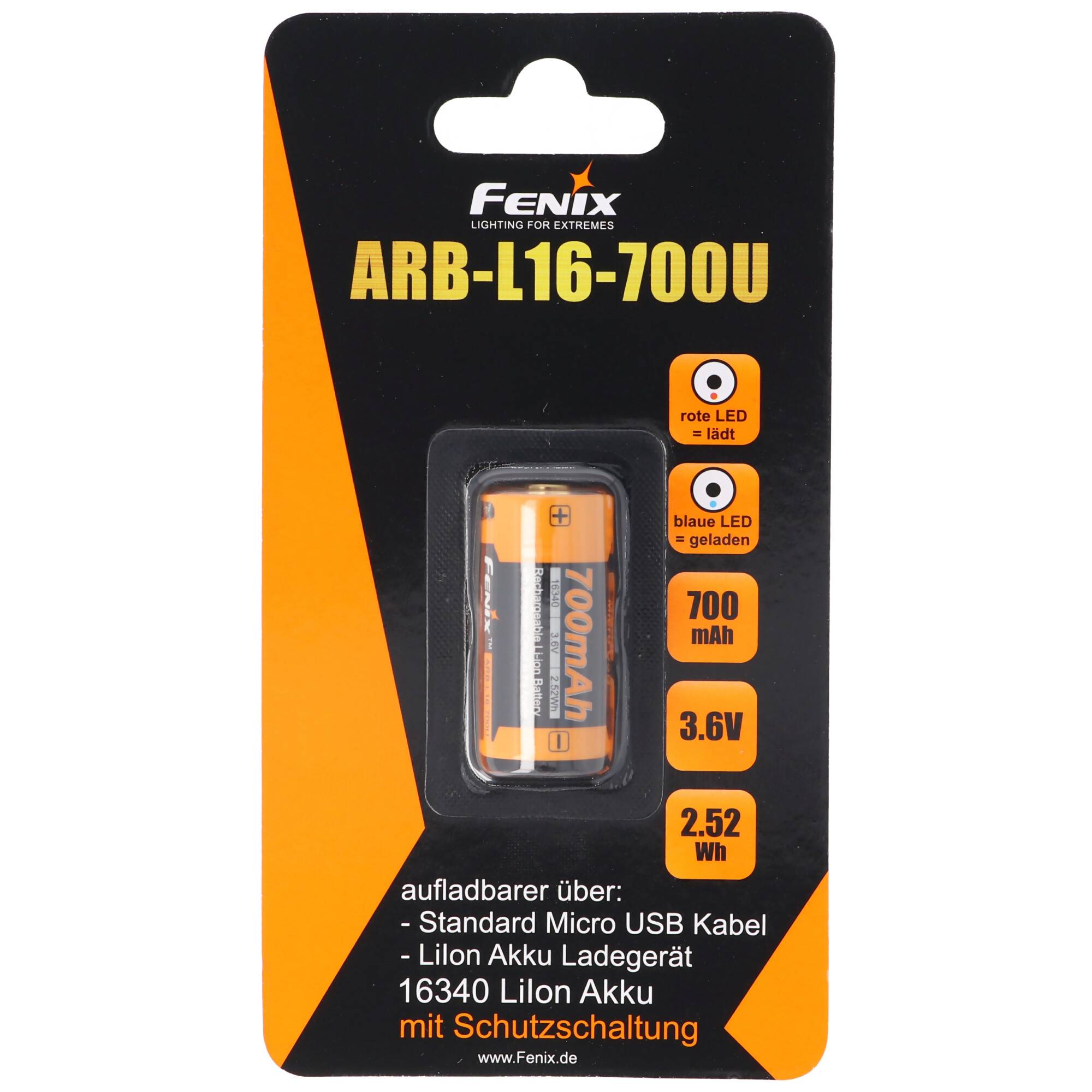 CR123 A Li-Ion Akku mit integrierter USB-Ladefunktion 3,6 Volt mit 700mAh und AccuCell Akkubox (kein extra Ladegerät not