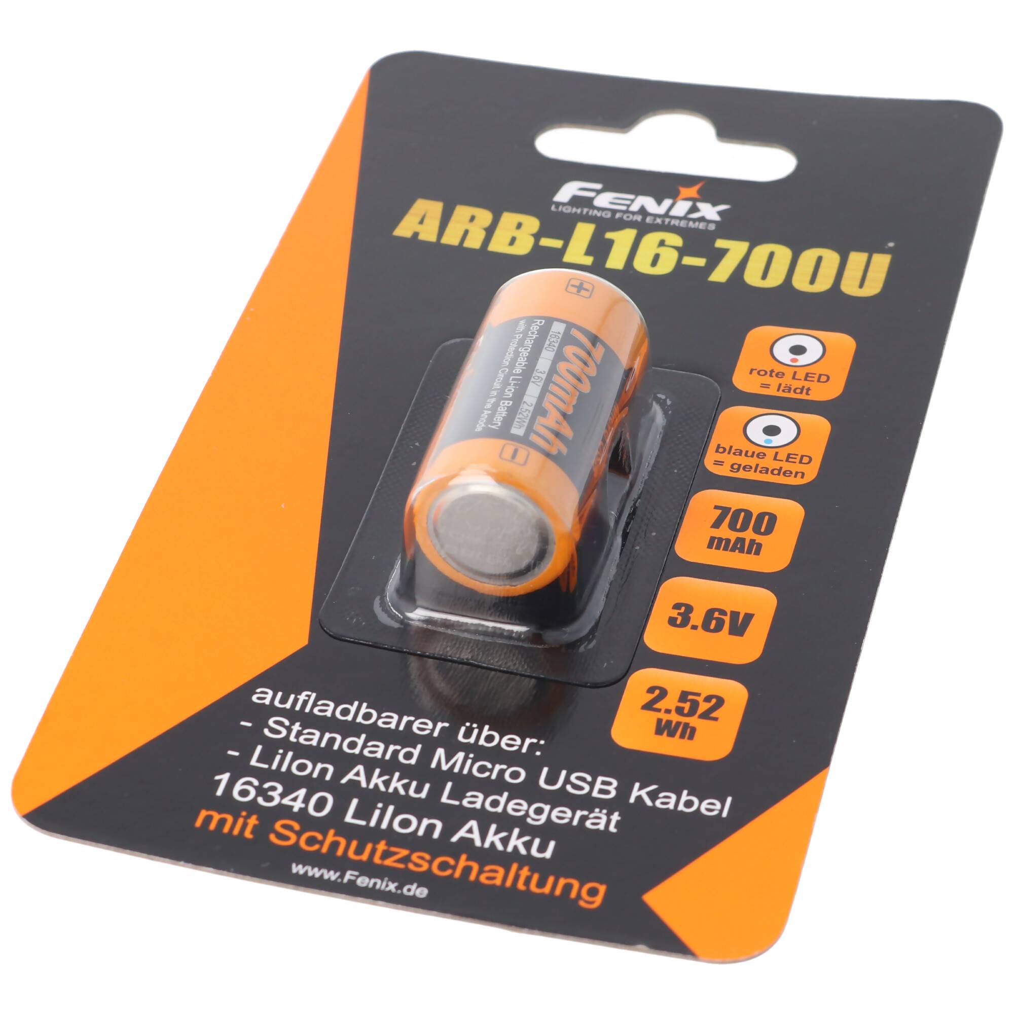 CR123 A Li-Ion Akku mit integrierter USB-Ladefunktion 3,6 Volt mit 700mAh und AccuCell Akkubox (kein extra Ladegerät not