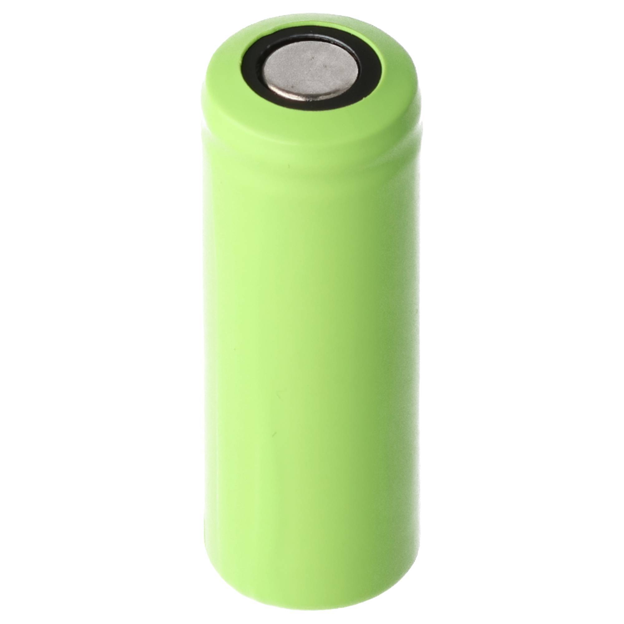 Grüne zylindrische wiederaufladbare Batteriezelle, die aufrecht auf weißem Hintergrund steht.