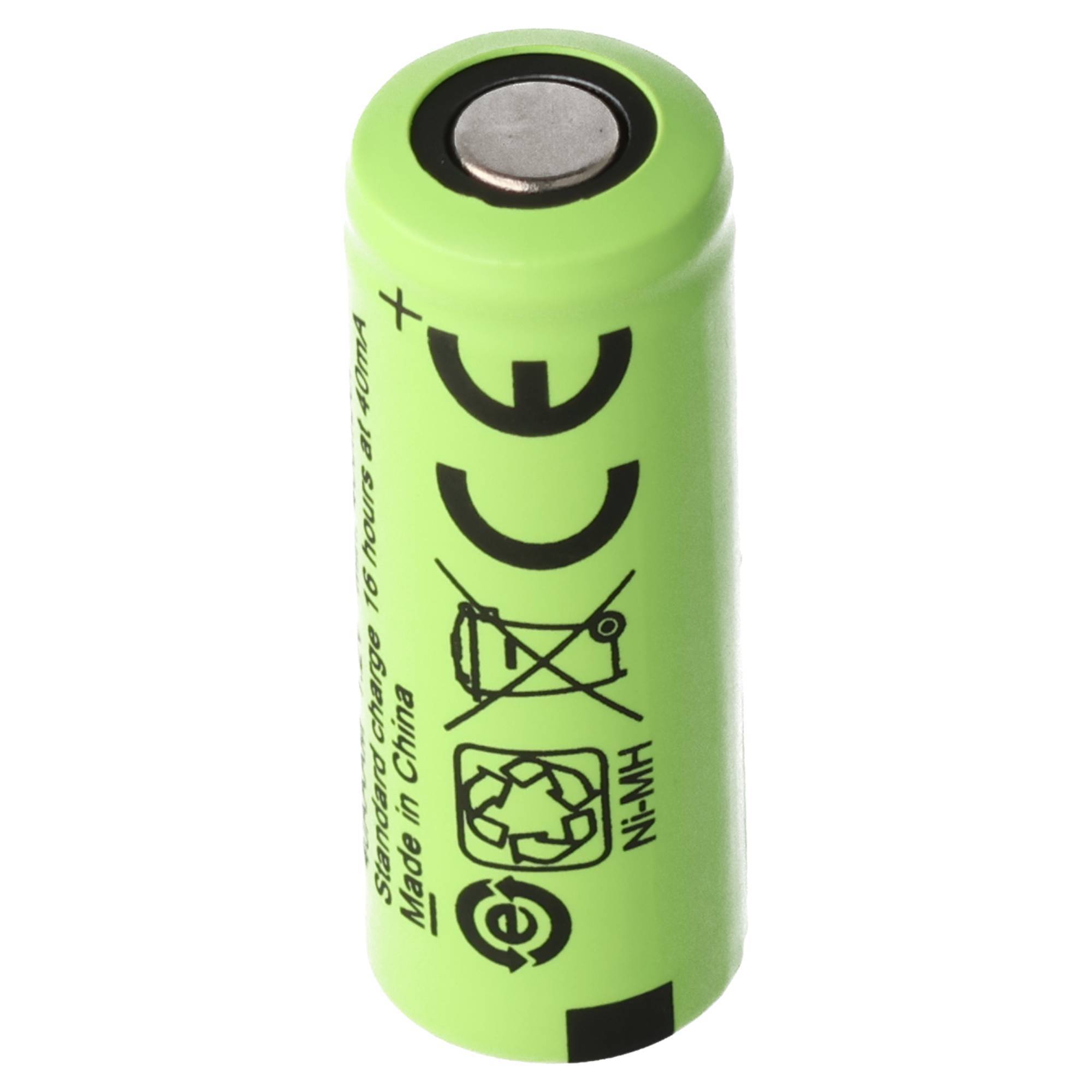 Grüne wiederaufladbare Batteriezelle mit CE- und Recycling-Symbolen, gekennzeichnet mit Ni-MH und Made in China.