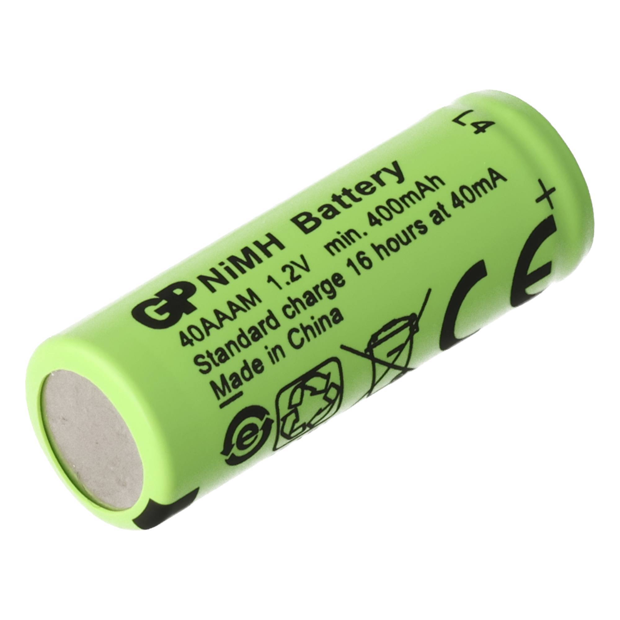 Grüne GP NiMH AA-Batterie mit der Beschriftung 1,2V, 400mAh, mit Plus- und Recycling-Symbolen auf weißem Hintergrund.
