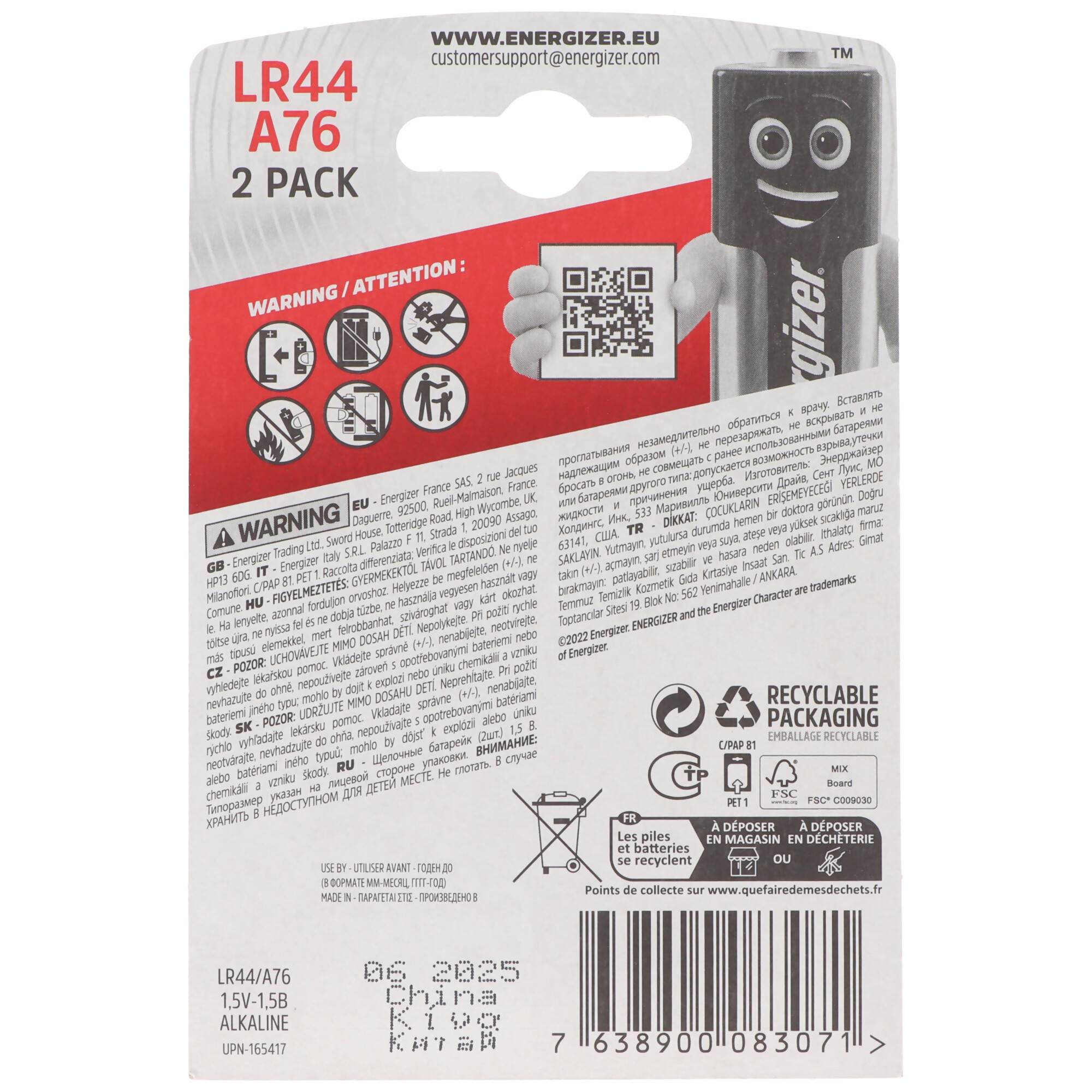 Energizer LR44 2er Pack V13GA, A76, 82, LR1154, 357A Knopfzelle 2er Pack