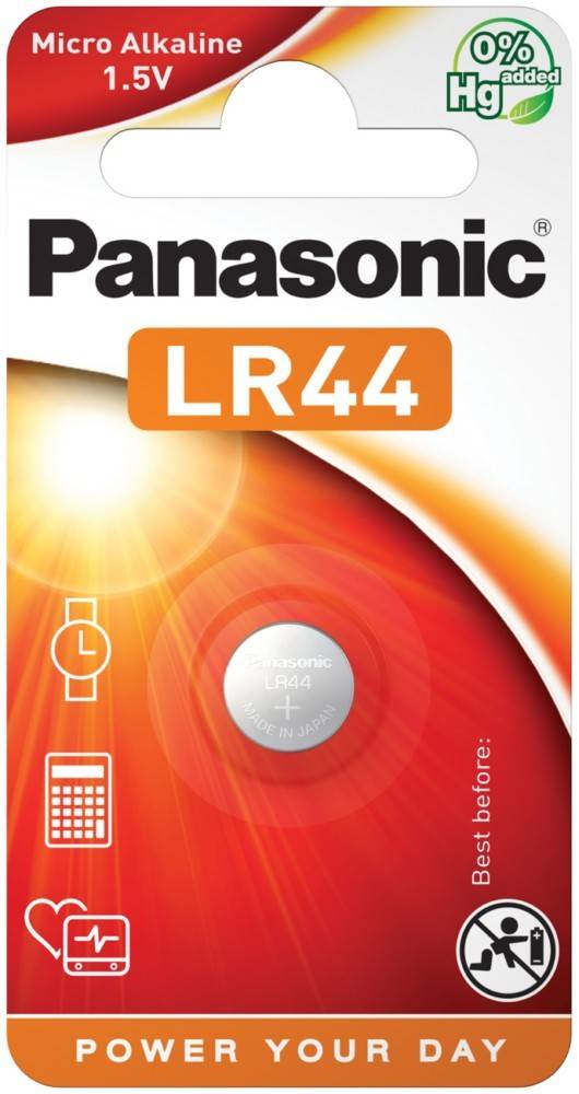 Packung von Panasonic LR44 Batterie, mit Icons einer Uhr und eines Taschenrechners zur Kennzeichnung der Verwendung.
