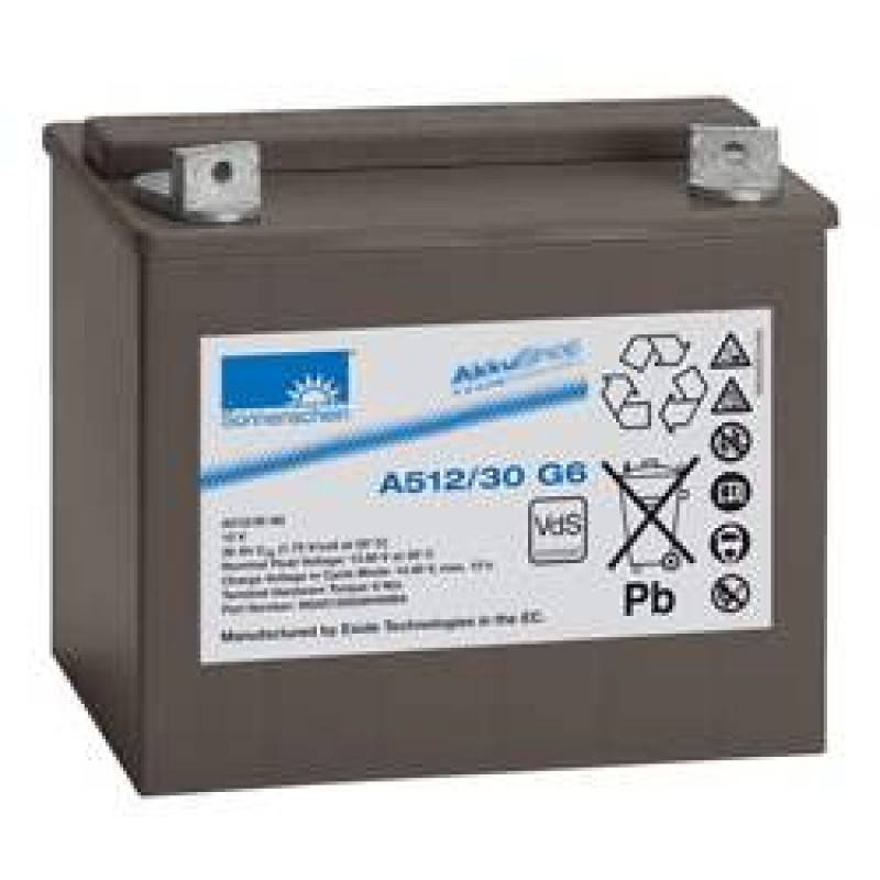 Braune rechteckige Batterie mit Anschlüssen oben und einem Etikett mit Recycling- und bleifrei-Symbolen; gekennzeichnet mit „A512/30 G8