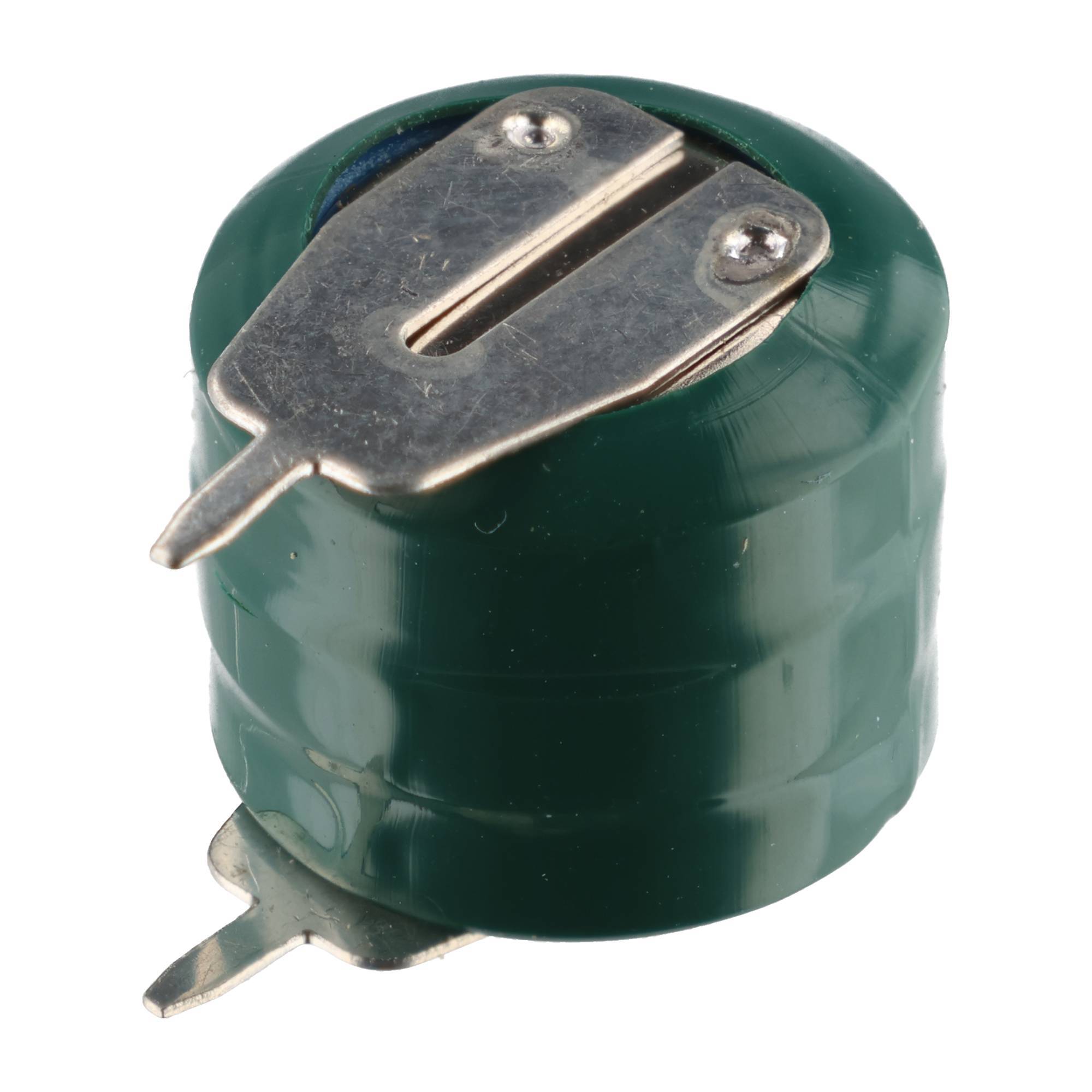 Grüner zylindrischer Batteriehalter aus Kunststoff mit Metallkontaktfahnen oben und unten, freigestellt auf weißem Hintergrund.