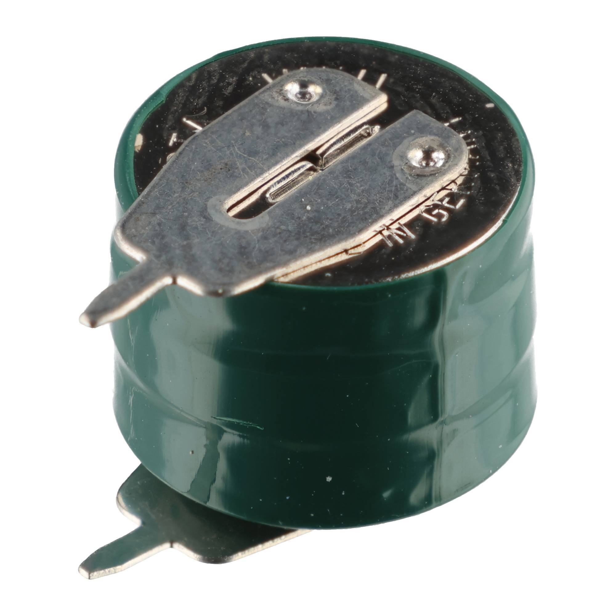 Grüner Knopfzellenbatteriehalter mit Metallkontakten oben und Anschlussdrähten unten.
