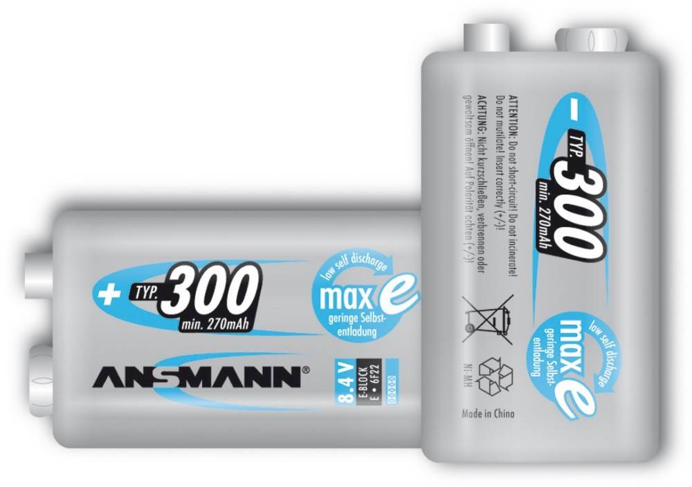 Wiederaufladbare Batterie mit 'max e' Markenlogo, gekennzeichnet mit 8,4V, 300mAh. Mit niedriger Selbstentladung und Hergestellt in China-Aufdruck.