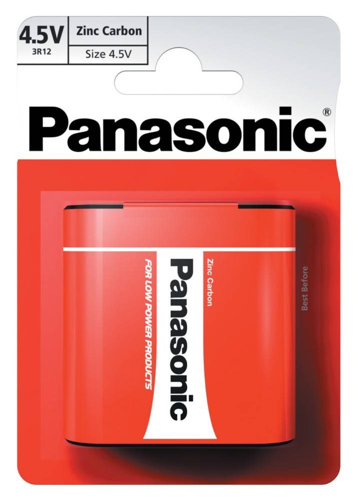 Eine Panasonic Zink-Kohle-Batterie in roter Verpackung, beschriftet mit 