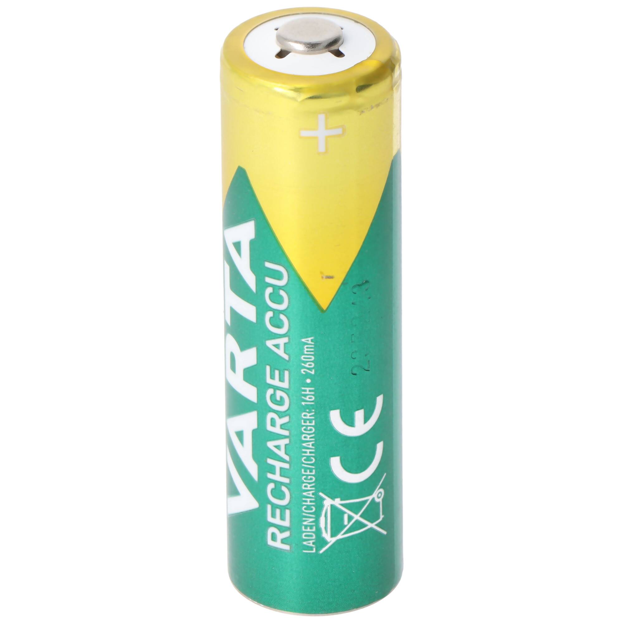 Einzelne grüne und gelbe wiederaufladbare AA-Batterie aufrecht stehend, beschriftet mit „VARIA RECHARGE ACCU