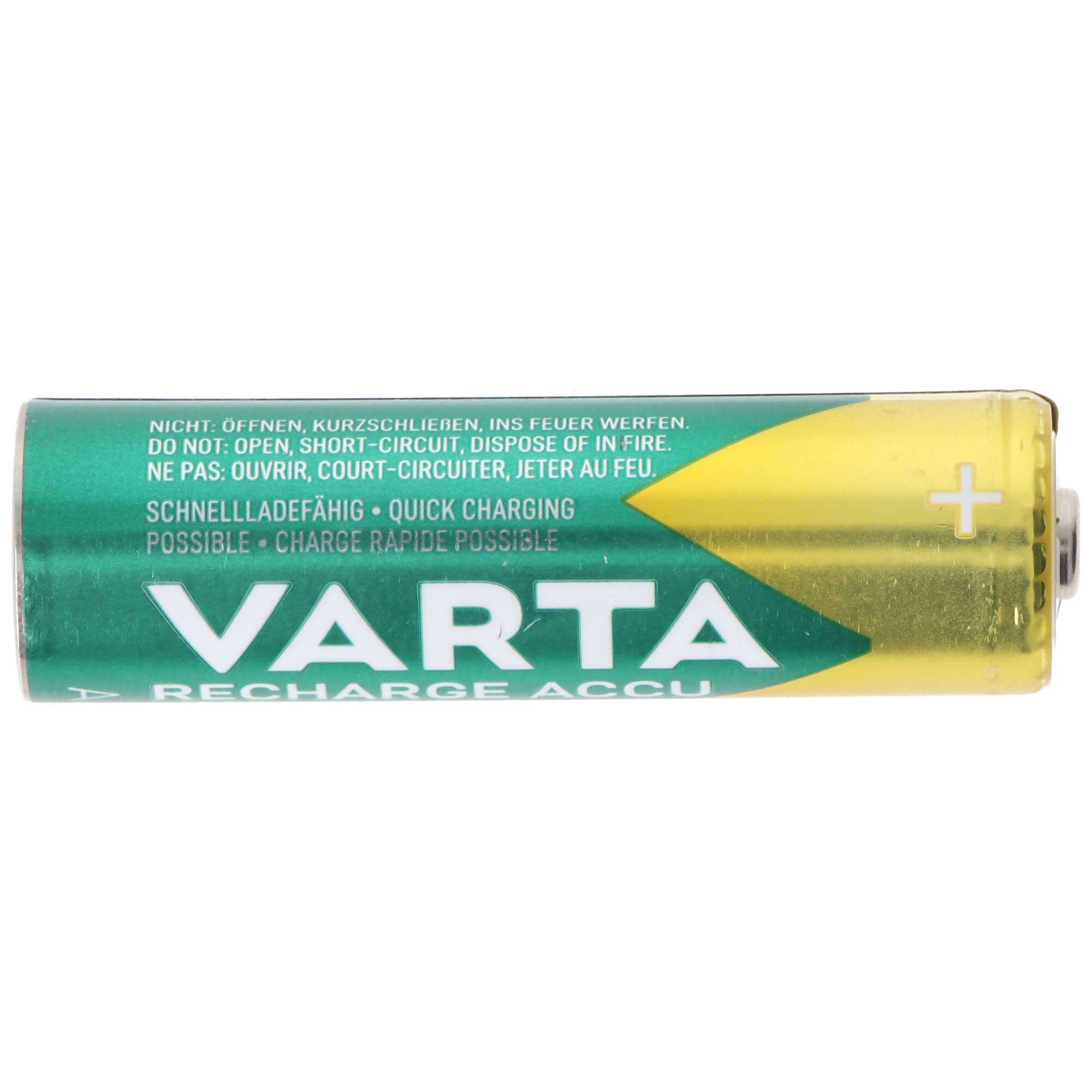 Einzelne wiederaufladbare Batteriezelle von VARTA, grün und gelb, horizontal dargestellt mit Pluspol gekennzeichnet durch ein Pluszeichen.