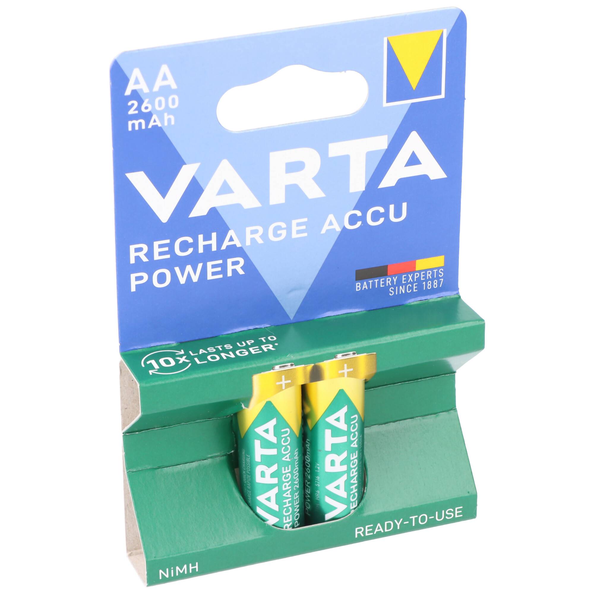 Varta AA wiederaufladbare NiMH-Batterien in Einzelhandelsverpackung, mit zwei gebrauchsfertigen Batterien und einer Kapazität von „2600 mAh
