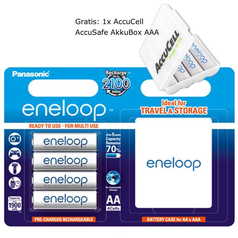 AA Panasonic eneloop Standard Mignon BK-3MCCEC4BE 2000mAh 4 Stück inkl. eneloop Case und AccuCell AkkuSafe AA